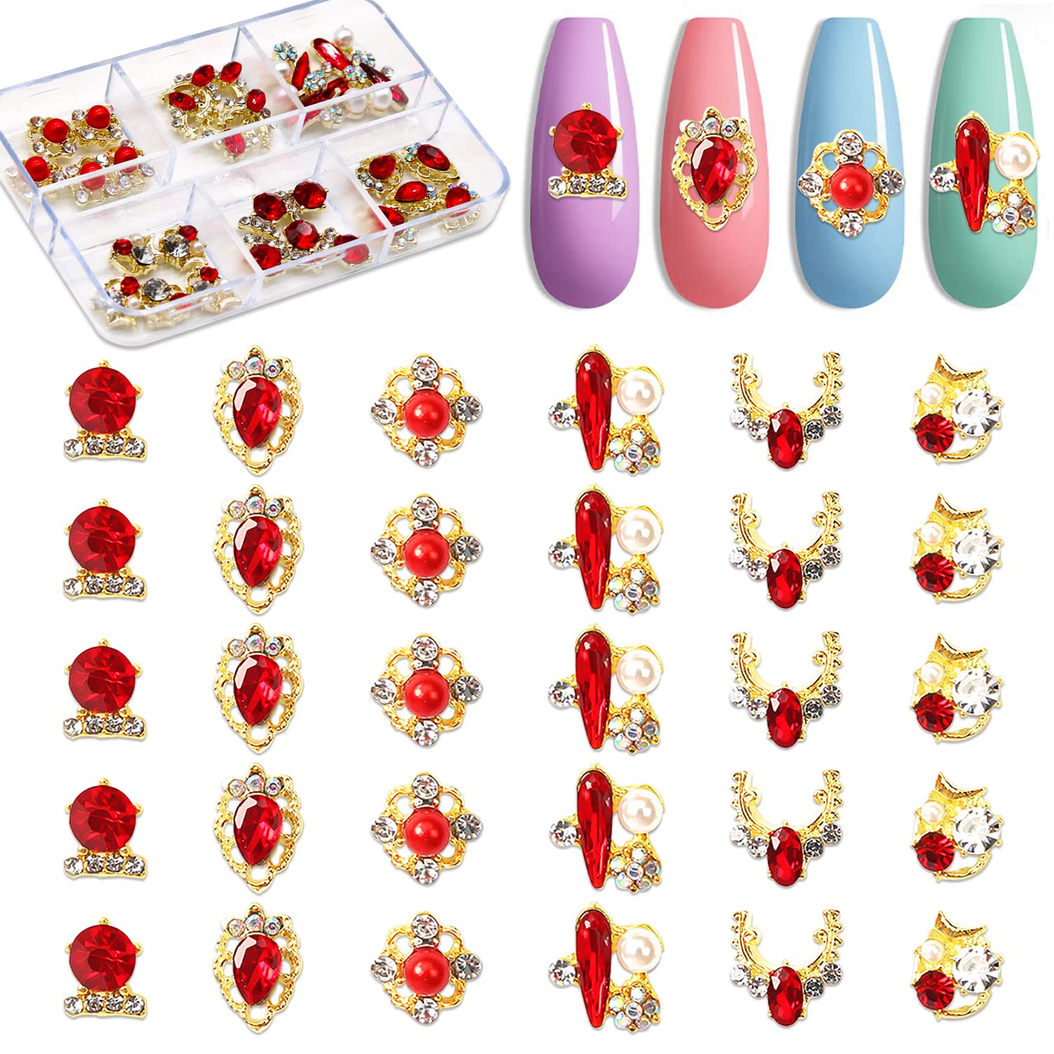 30pcs 3D Gold Alloy Nail Charms with Red Rhinestones - Crystal Nail Gems for Acrylic Nails, DIY Nail Art Decorations - Perfect for Bridal, Party, and Salon Nail Designs
