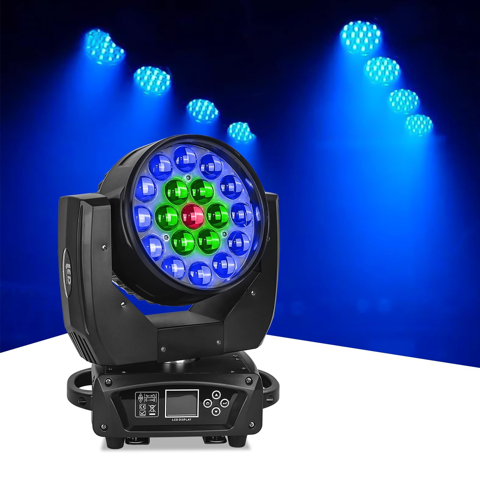 19x15W RGBW 4-in-1 Moving Head LED DJ Light with Beam/Wash Zoom, Sound Activation & DMX Control - Perfect for Stage Shows, Disco Clubs, Wedding Parties and Live Events