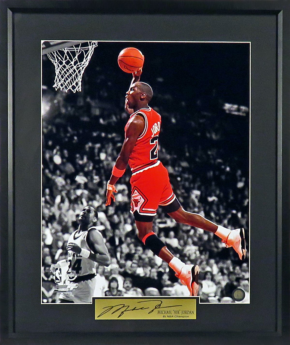 MJ 'Air Dunk' 16x20 Spotlight Framed Basketball Photo - Engraved Series Collectible - Perfect for Sports Memorabilia Displays & Man Cave Decor
