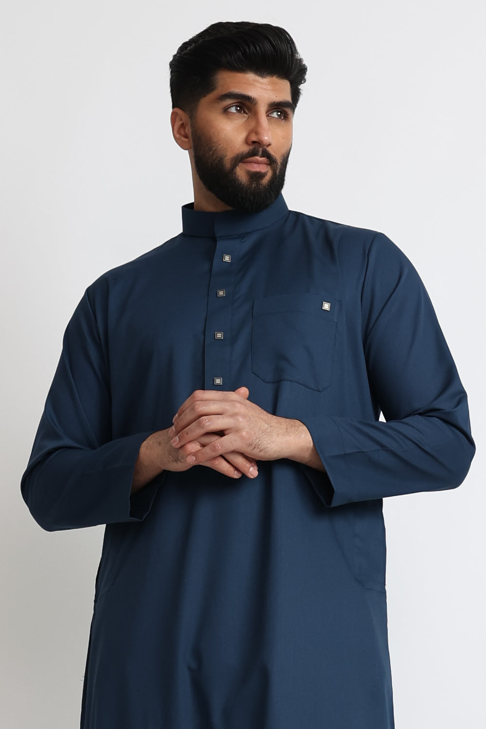 Premium J1517 Navy Blue Saudi Style Collar Thobe for Men - Traditional Islamic Robe for Prayer, Eid, and Special Occasions