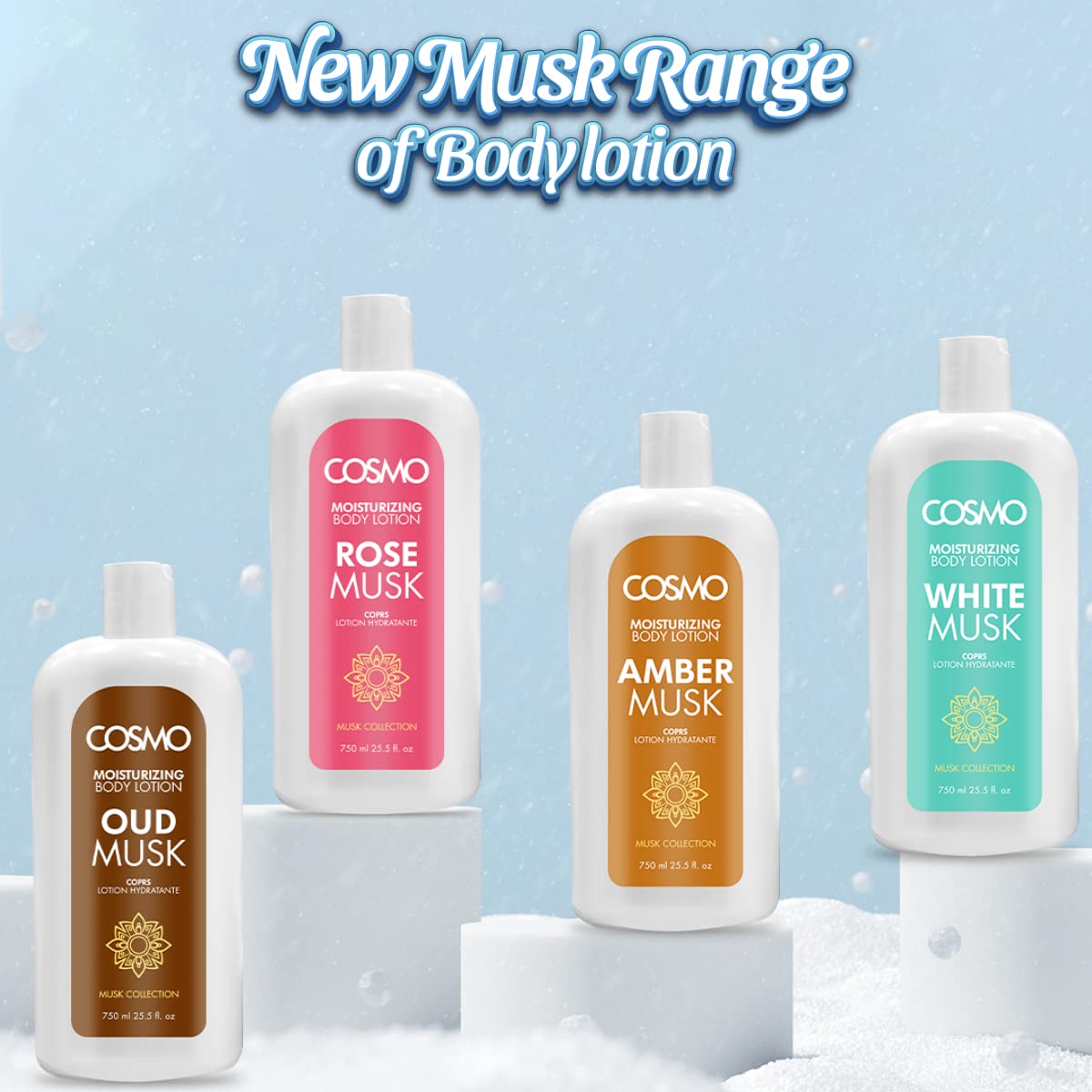 Cosmo New Musk Collection Moisturizing Body Lotion - Amber Musk Scent 750ml for Men & Women, Hydrating Dry Skin Care, All Skin Types, Hand Face & Body Moisturizer - Perfect for Daily Use, After Shower & Nighttime Skincare Routine