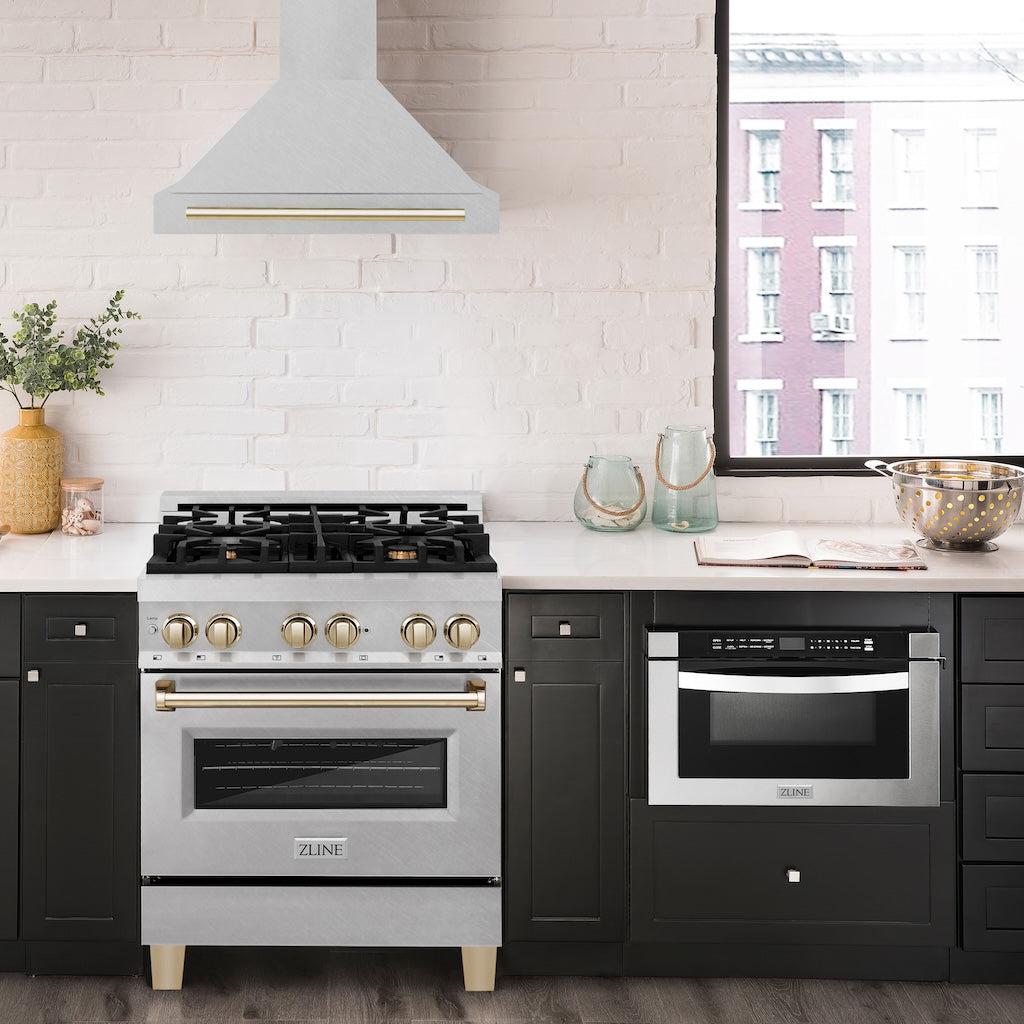 ZLINE KB4SNZ 36 G Autograph Edition 36-Inch Stainless Steel Wall Mount Range Hood with Convertible Satin Finish & Polished Gold Handle - Perfect for Modern Kitchens & Luxury Home Upgrades