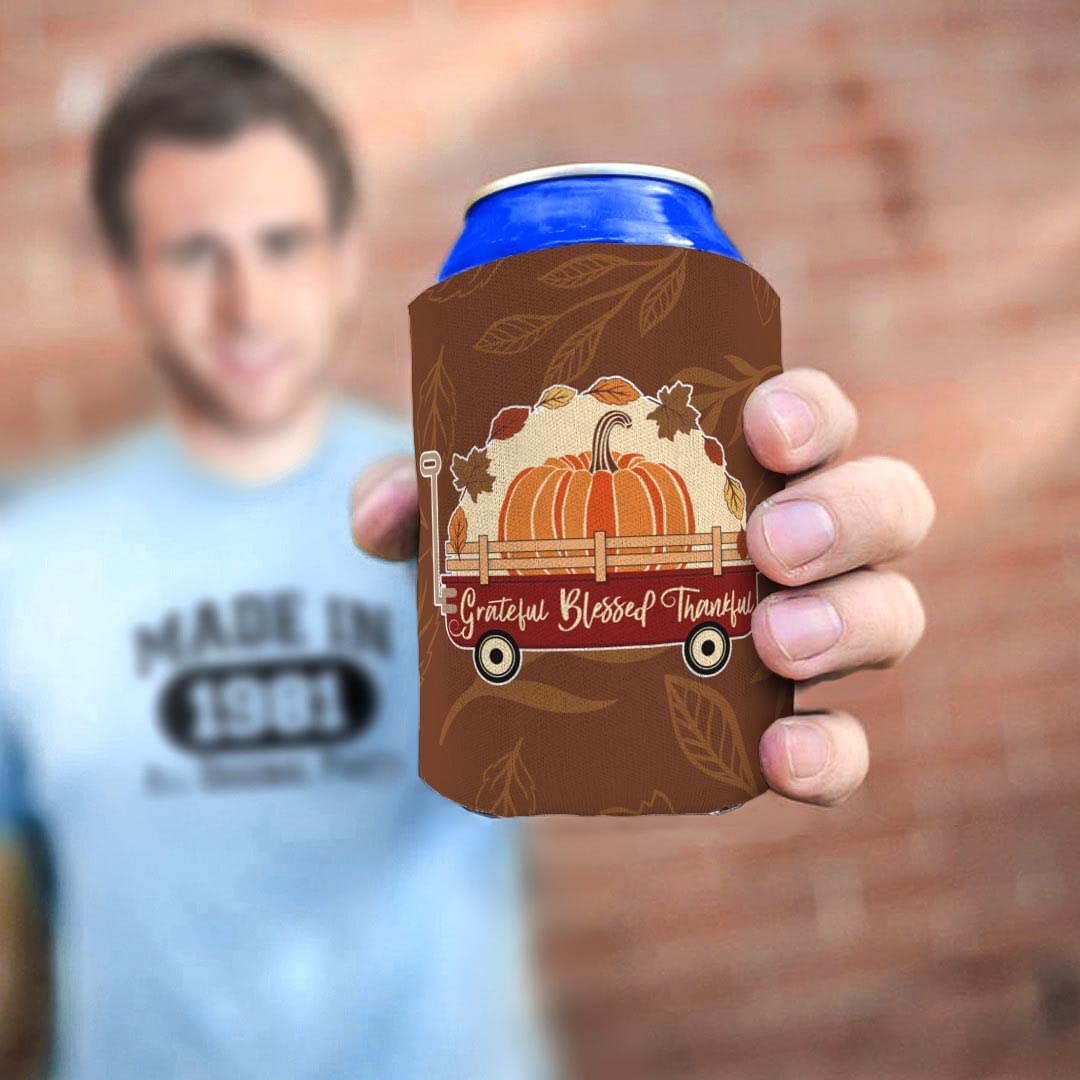 96-Pack Fall Themed Can Coolers - Grateful Blessed Thankful Wagon Design | White Insulated Beverage Sleeves for Autumn Parties, Thanksgiving Gatherings & Outdoor Events