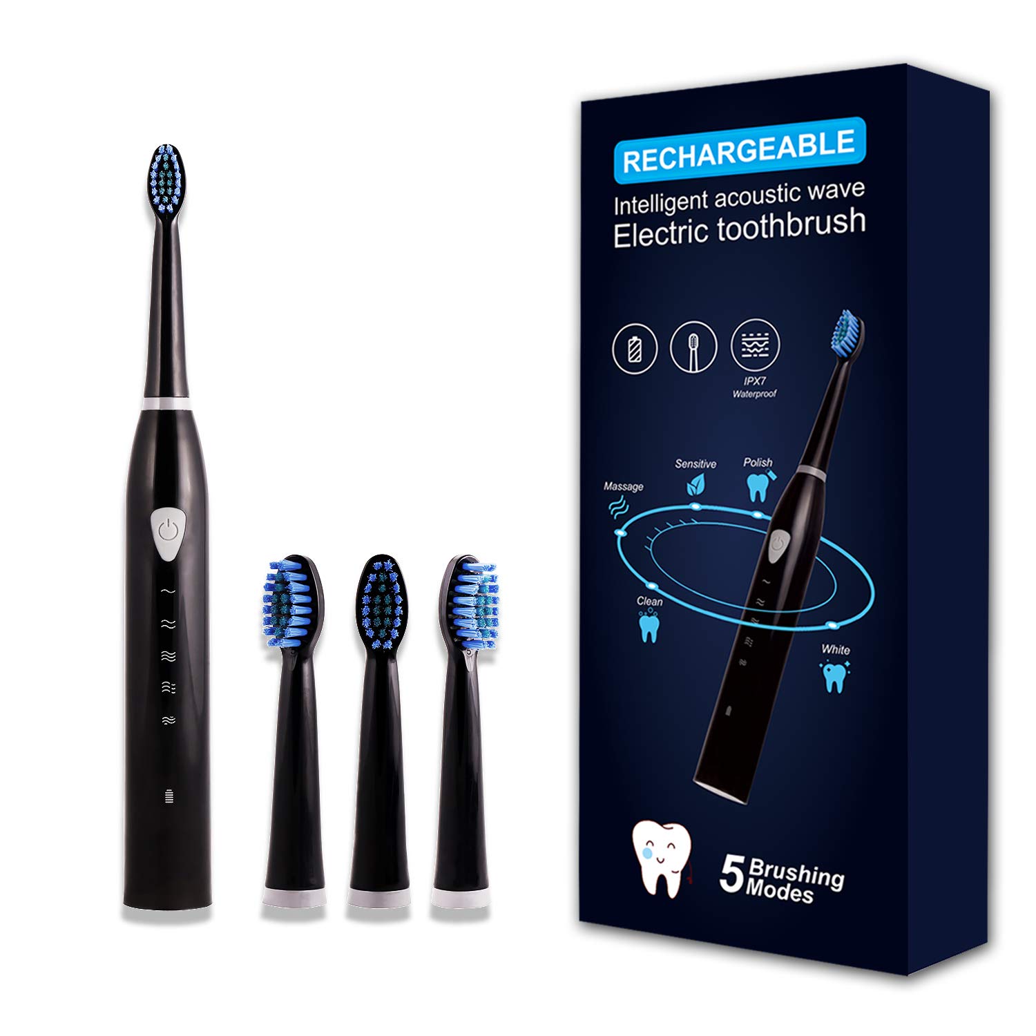 Rechargeable Sonic Electric Toothbrush for Adults - 5 Cleaning Modes, 2 Minute Smart Timer, 4 Replacement Brush Heads (Black) | Perfect for Travel, Home & Daily Oral Care Routine