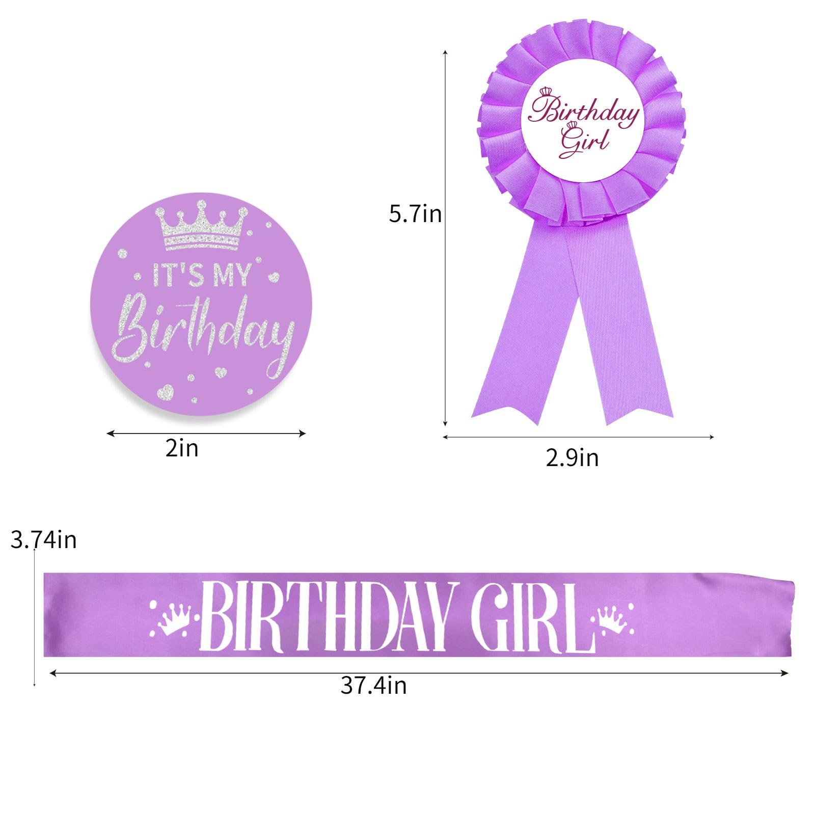 Purple Birthday Sash and Pin Button Set (3 Pieces) - Elegant Birthday Decorations for Women & Girls - Perfect for Birthday Parties, Quinceañeras, Bachelorette Celebrations and Special Occasions