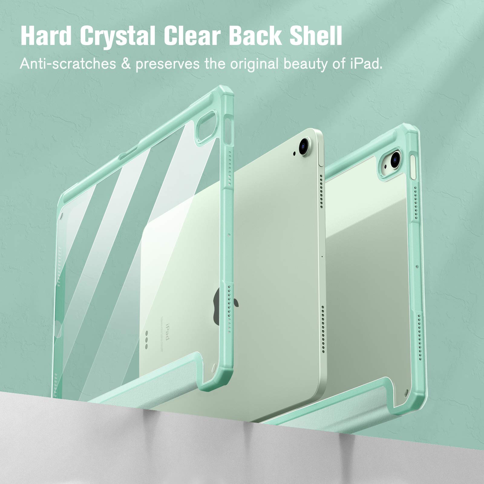 FINTIE Hybrid Shockproof Case for iPad Air 11 Inch (M3 2025/M2 2024) & 5th/4th Gen (2022/2020) - Slim Clear Protective Cover with Apple Pencil Holder & Auto Wake/Sleep Feature - Green | Perfect for Work, School & Travel Protection