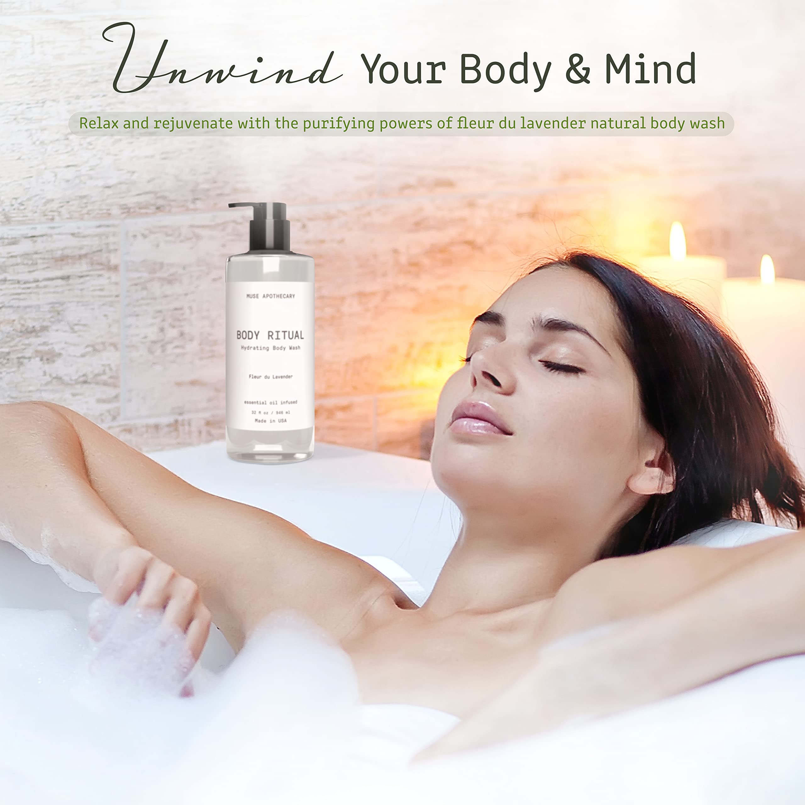 Lavender Body Wash for Women & Men - Essential Oil Infused Hydrating Shower Gel - 32oz for Relaxing Bath & Spa