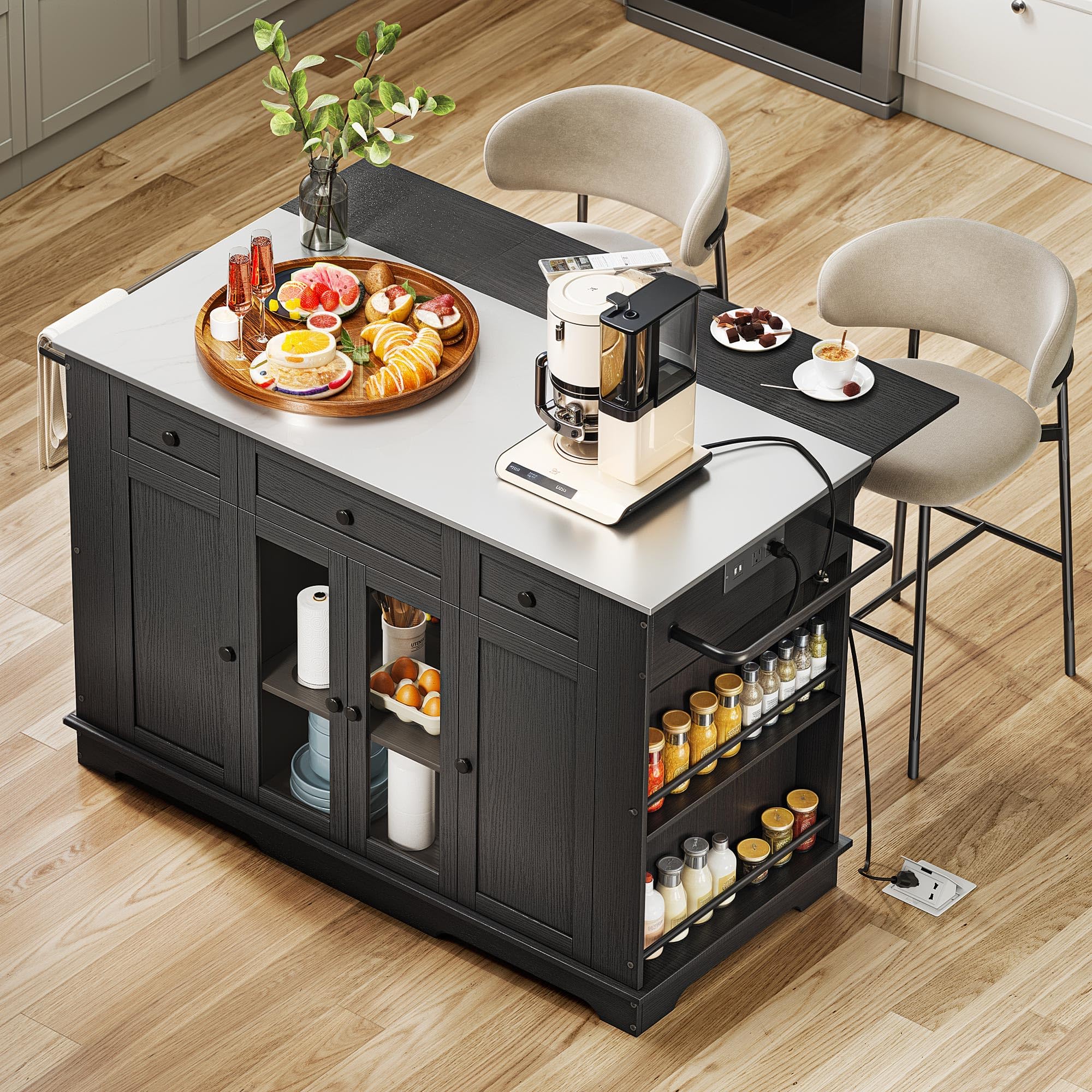 YITAHOME 60 Inch Kitchen Island with Stainless Steel Top & Power Outlet - Mobile Kitchen Cart with Drop Leaf, Storage Drawers & Wheels - Black Metal Countertop Island for Small Spaces & Apartment Cooking - Perfect for Meal Prep, Baking & Extra Counter Space