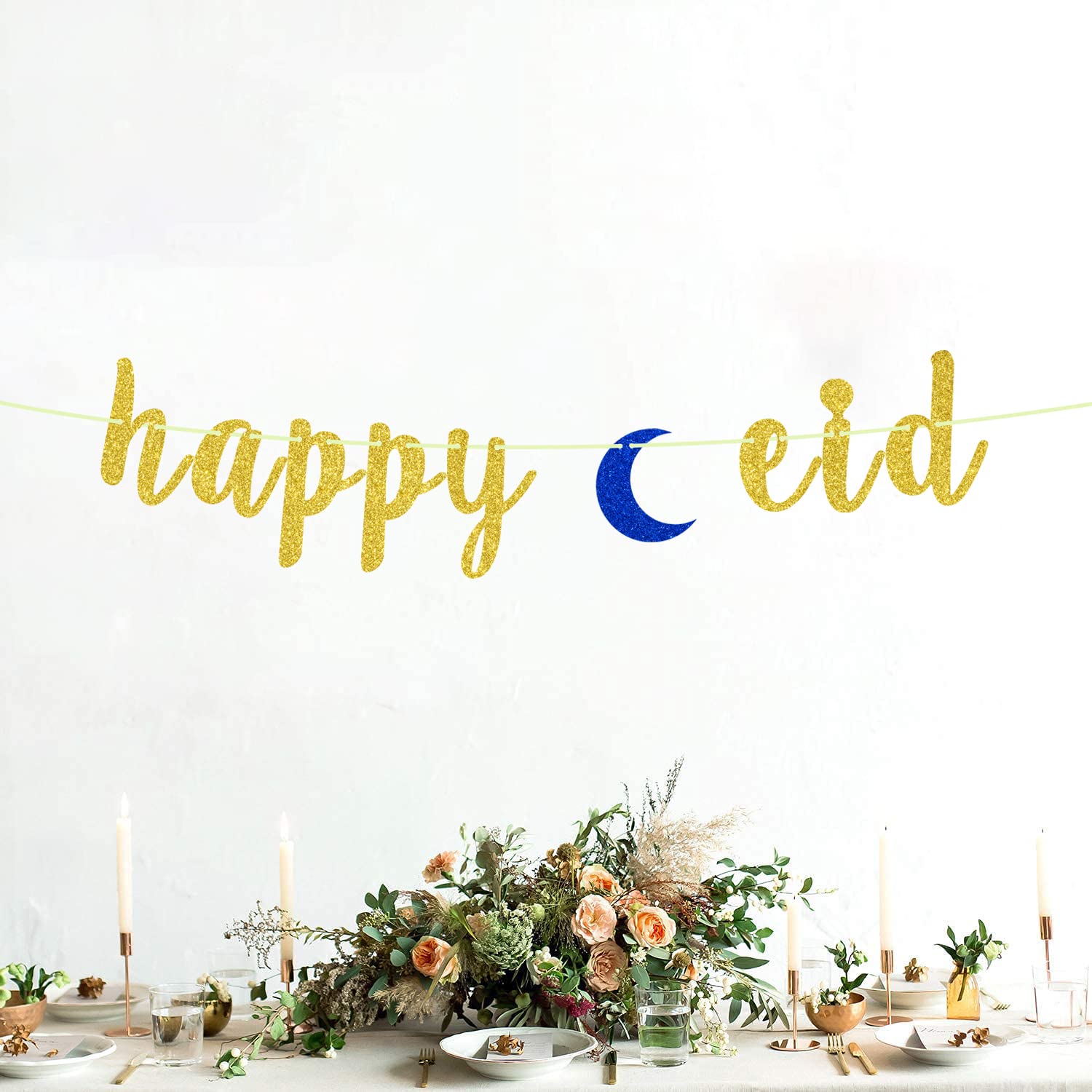 Eid Mubarak Banner - Gold Glitter Islamic Decoration for Eid al-Fitr & Eid al-Adha | Party Supplies, Home Decor, Mosque Celebration - Gold & Blue Design