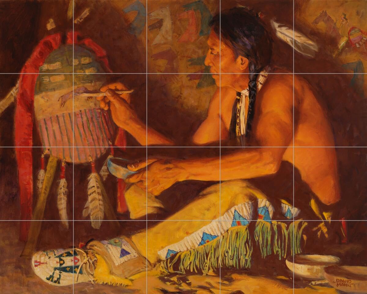 Hand-Painted Ceramic Backsplash Tile Mural - Native American Buffalo & Bear Claw Design by David Mann for Kitchen & Bathroom Decor | Rustic Southwestern Style Wall Art for Home Renovation