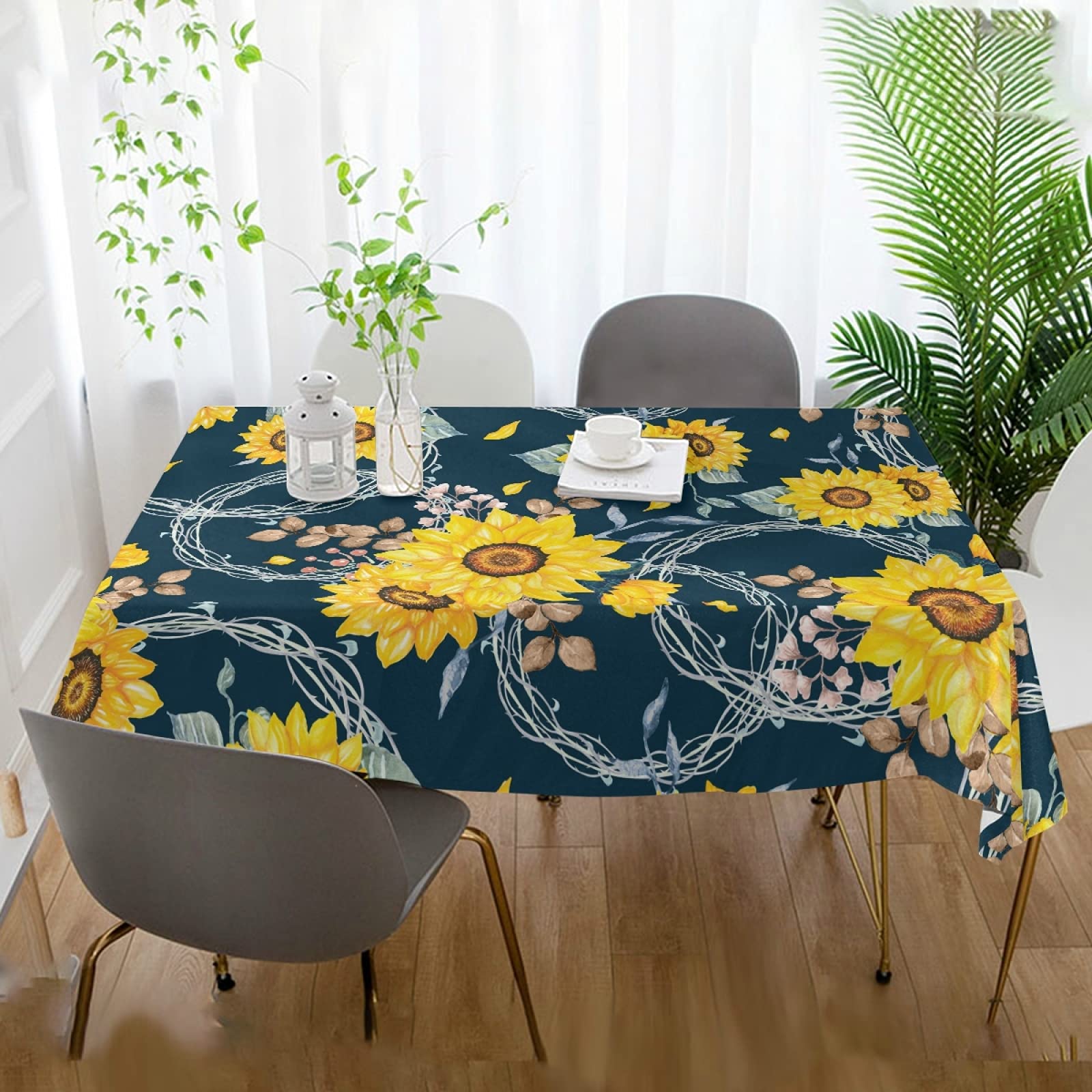 Yellow Sunflower Bouquet Table Decor for Parties - Navy Blue Polyester Rectangle Tablecloth 54 x 72 Inch - Perfect for Dinner Tables, Weddings & Home Decor