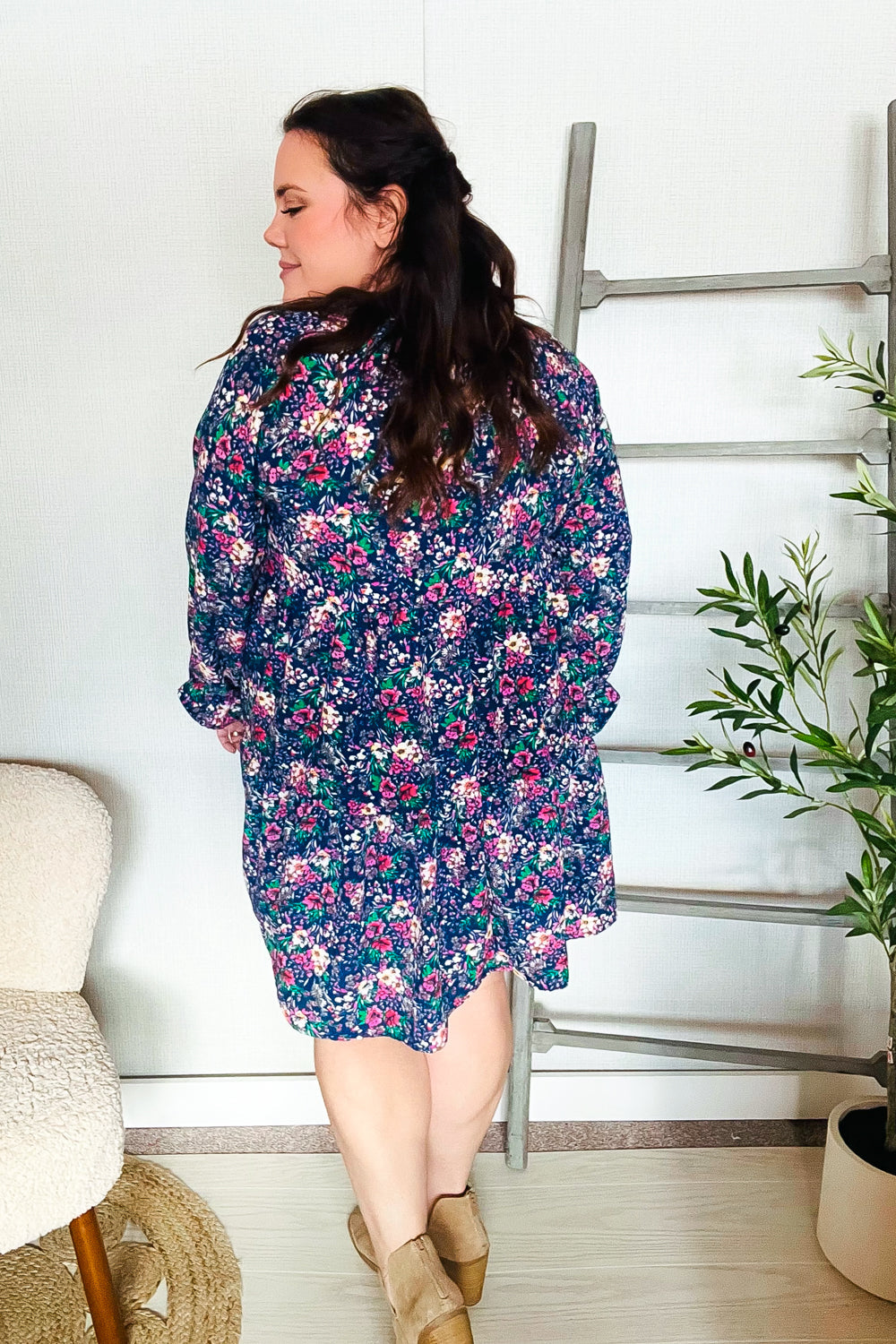 Joyful Navy Floral Bow Tie Babydoll Long Ruffle Sleeve Dress for Women - Elegant Party, Wedding Guest & Special Occasion Outfit