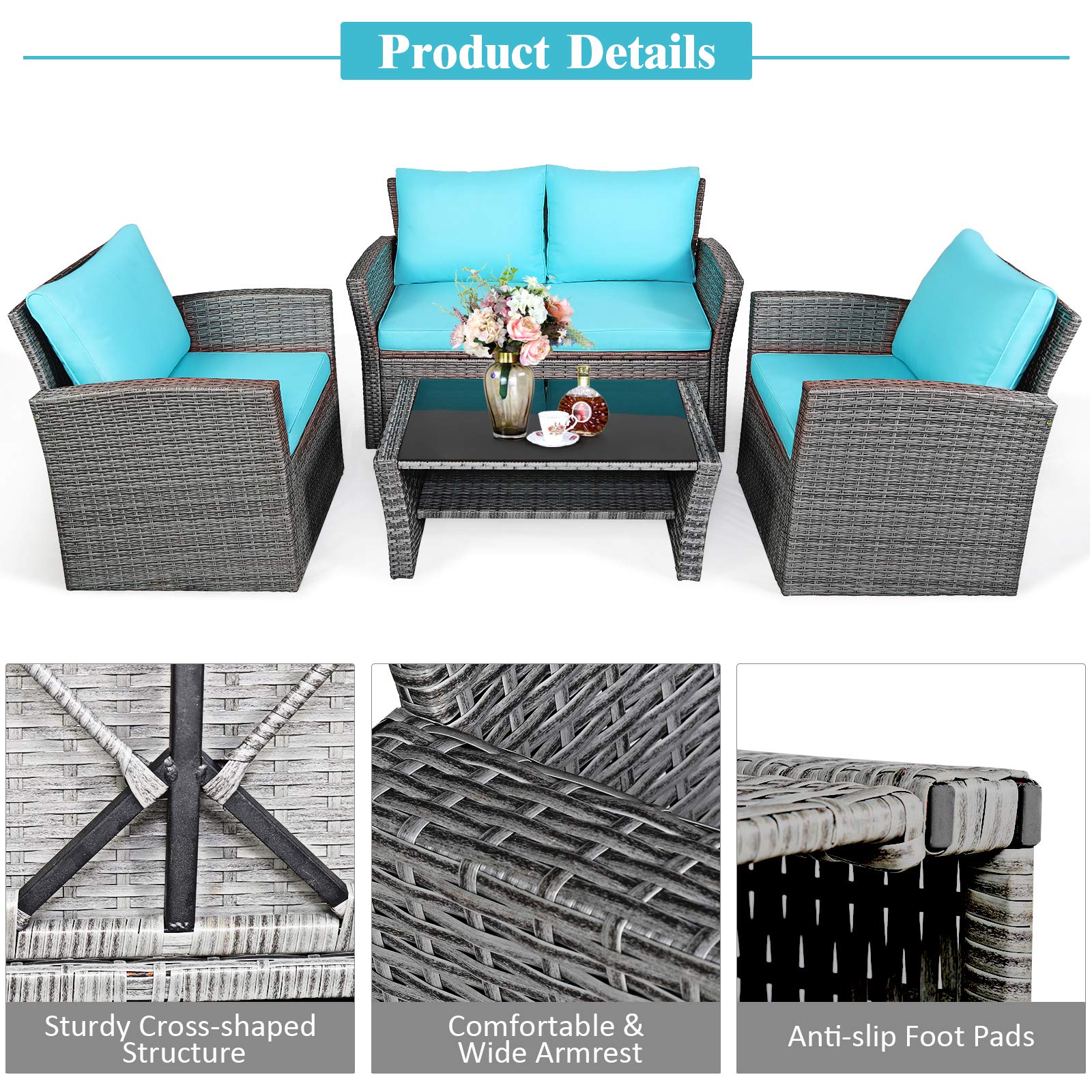 Tangkula 4-Piece All-Weather Outdoor Patio Furniture Set - Wicker Rattan Sectional Sofa with Cushions & Tempered Glass Table - Turquoise Conversation Set for Backyard, Garden, Poolside, Deck & Patio Relaxation