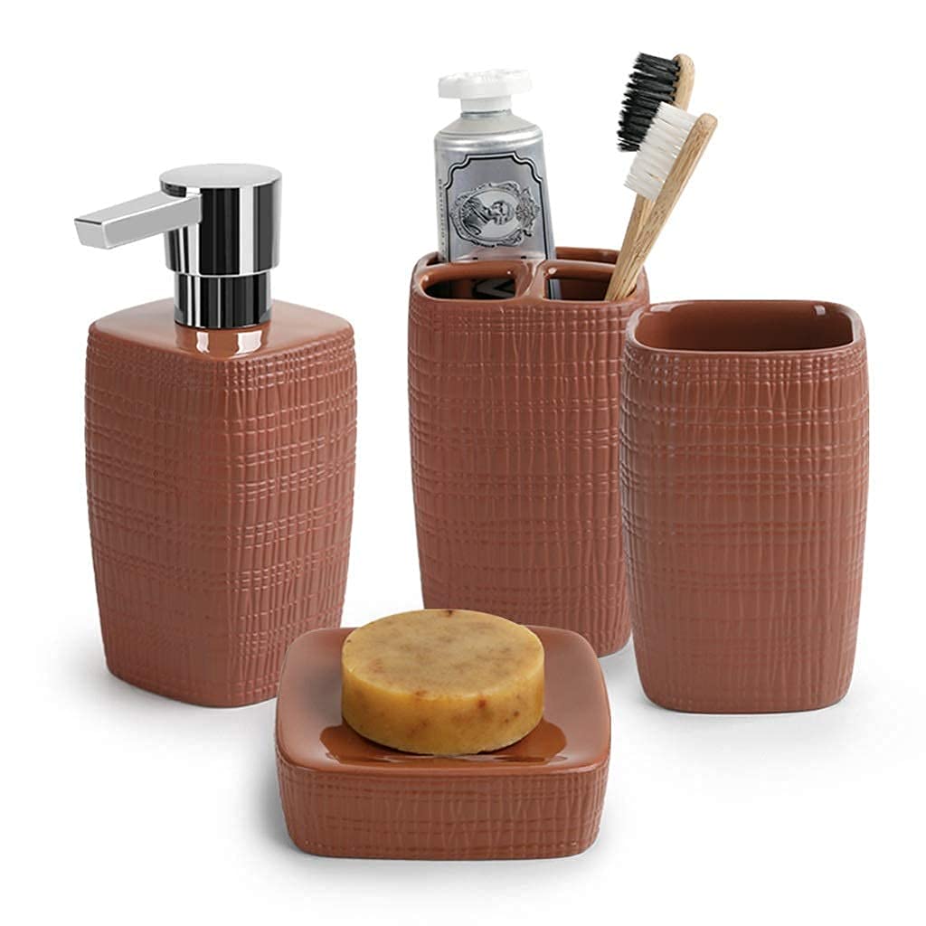 AWJ Retro Ceramic Bathroom Accessories Set - 4 Piece Coarse Texture Glazed Soap Dispenser, Toothbrush Holder, Cup & Tray - Vintage Style Bathroom Decor for Modern Homes, Guest Bathrooms & Spa Retreats