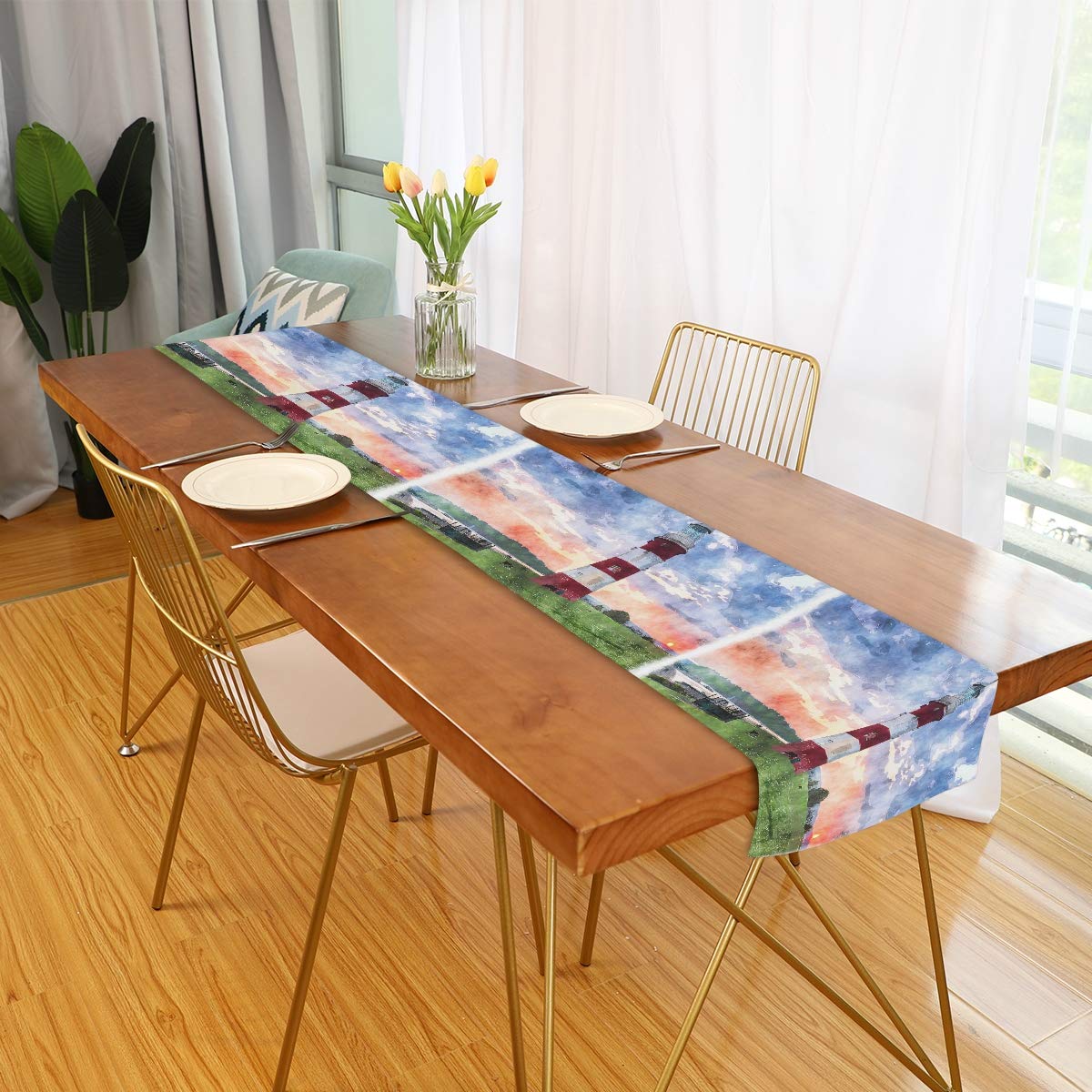 13x90 Inch Art Painting Beach Lighthouse Table Runner - Rectangle Polyester Tablecloth for Office, Kitchen, Dining, Wedding, Party & Home Decor - Perfect for Coffee Tables, Buffets, and Holiday Entertaining