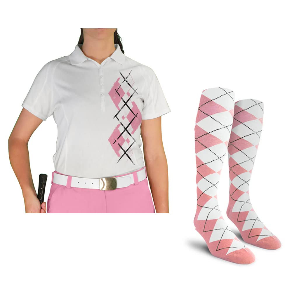 Dry Fit Short Sleeve Graphic Golf Polo Shirt with Socks for Women - Argyle Paradise (AA-ZZ) | Moisture-Wicking Performance Top & Comfortable Socks Set | Perfect for Golf, Tennis, and Casual Summer Outfits