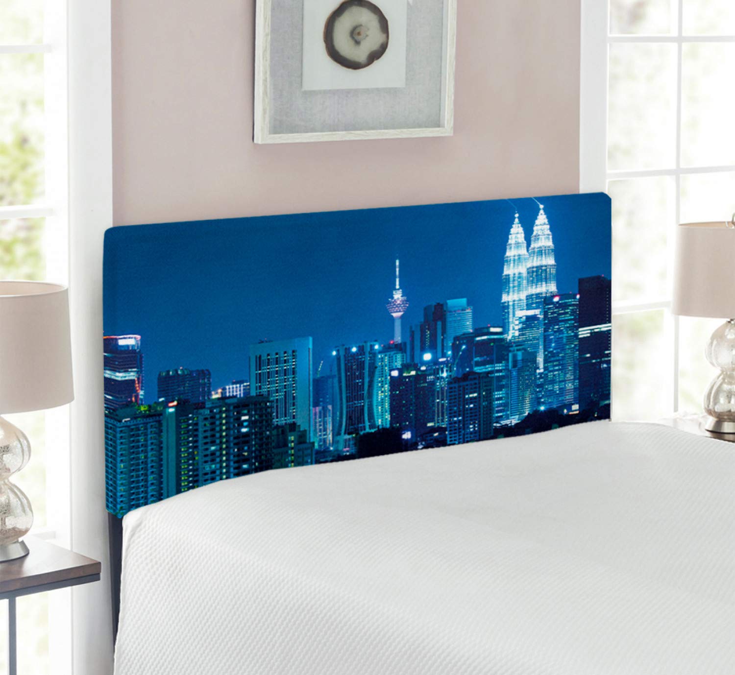 Ambesonne Kuala Lumpur Skyline Headboard - Twin Size Upholstered Metal Bed Headboard with Memory Foam | KLCC Twin Towers Monochrome Photo | Navy Black Decorative Headboard for Bedroom, Guest Room & Apartment Decor