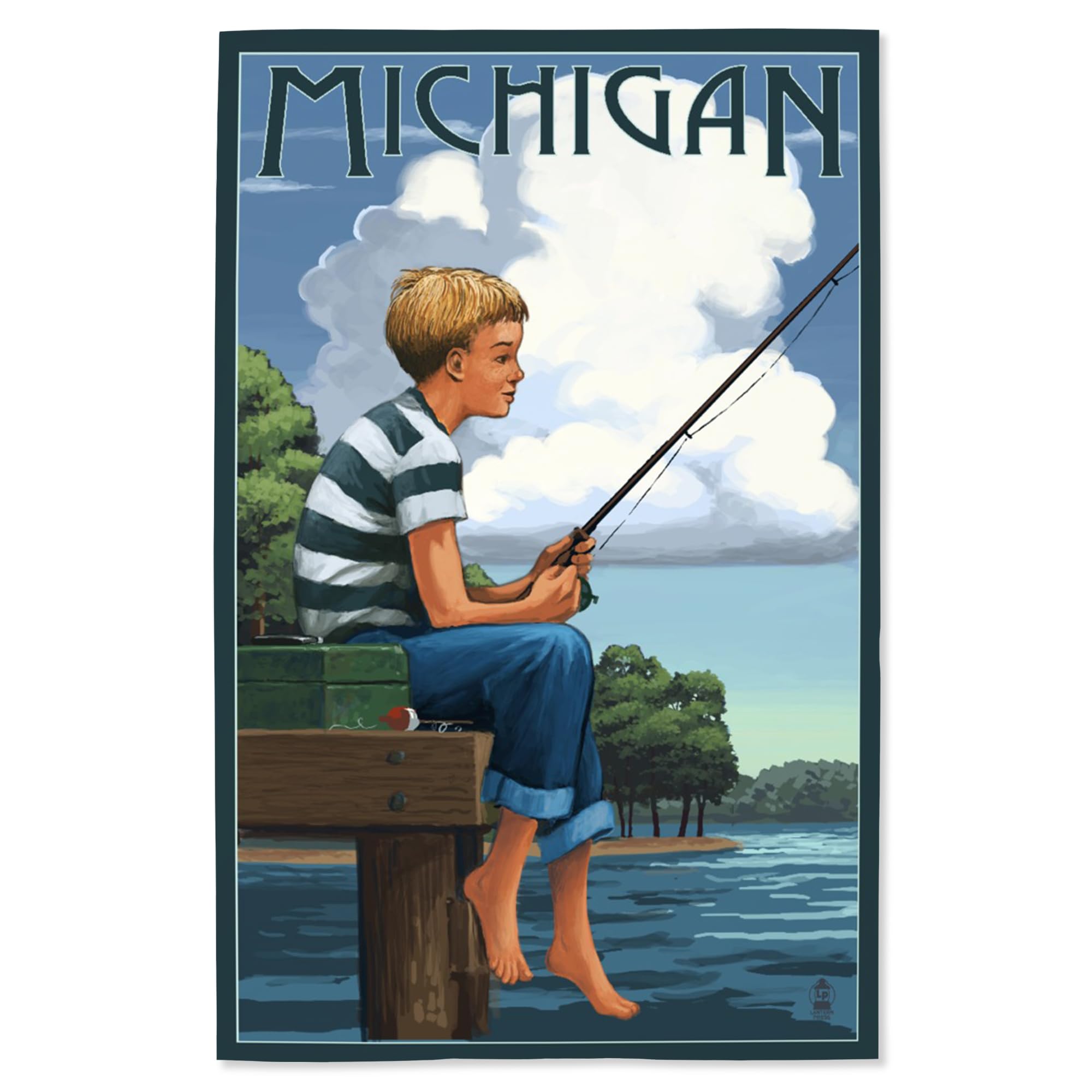 Lantern Press 16x24 Inch Giclee Art Print - Michigan Boy Fishing Wall Decor - Premium Canvas Painting for Living Room, Bedroom & Office