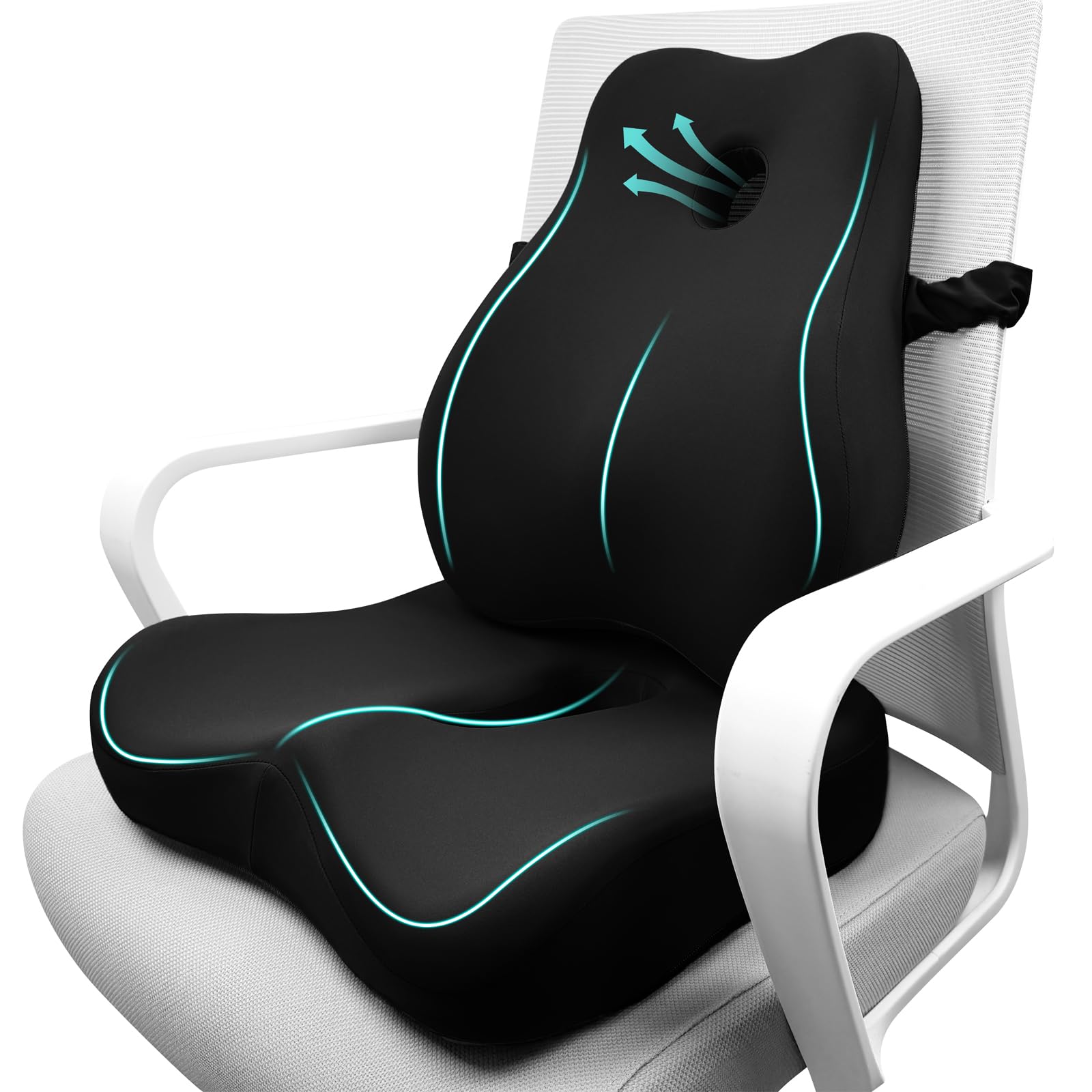 Ergonomic Seat Cushion & Lumbar Support Pillow Set - Memory Foam Office Chair Cushion for Sciatica Pain Relief, Gaming Chair & Travel Comfort - Perfect for Long Work Hours, Gaming Sessions & Car Rides (Black)