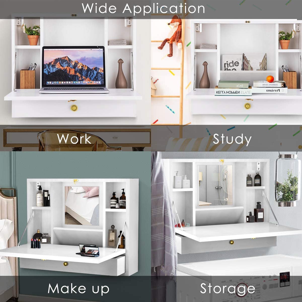 GRAFFY Wall Mounted Folding Desk with Storage Drawer & Shelves - Space Saving Home Office Computer Desk, Multifunctional Hanging Cabinet for Small Spaces - Perfect for Bedroom, Dorm, Studio Apartments (White)