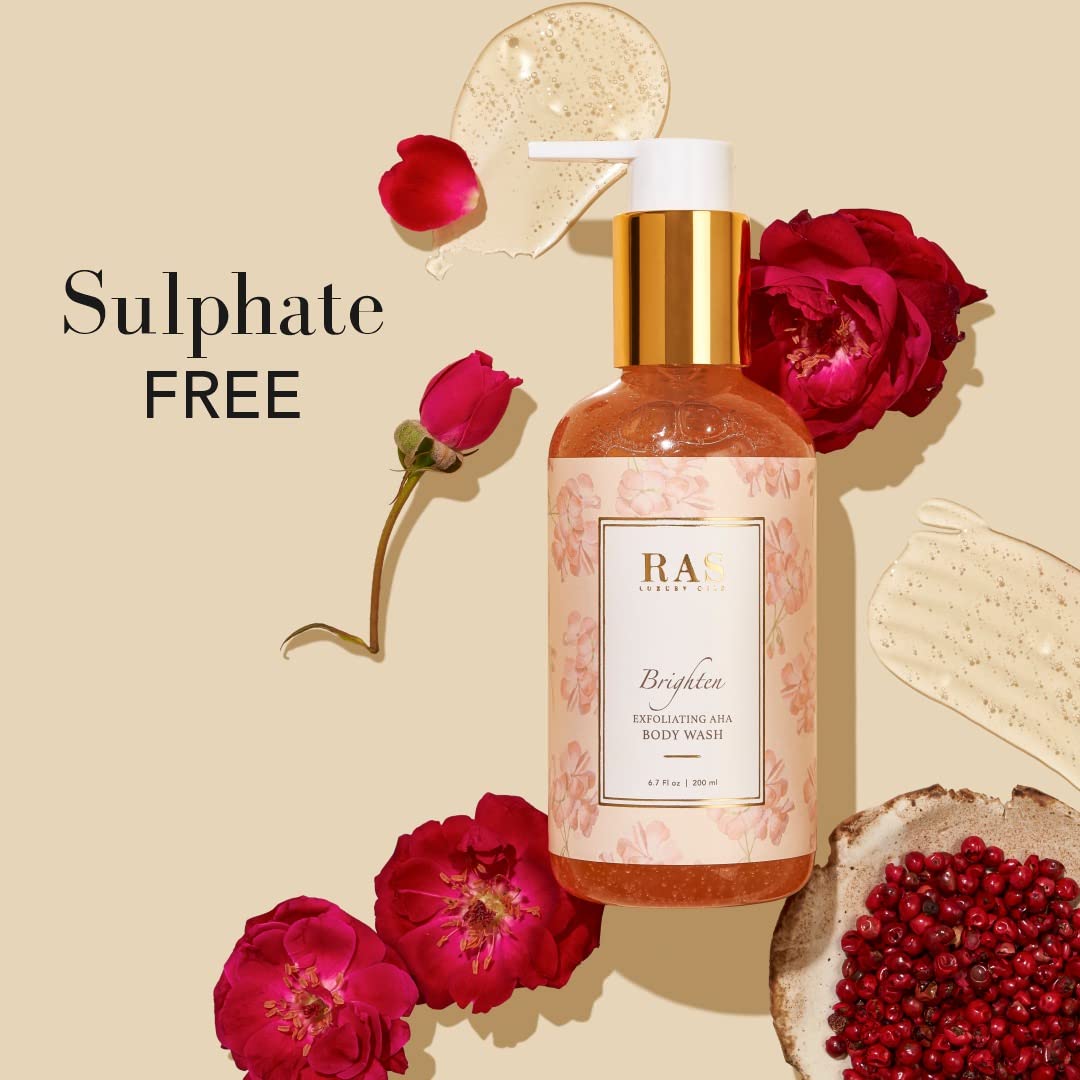 RAS Luxury Oils Brightening Exfoliating Body Wash - Sulfate Free, Himalayan Rose & Pink Pepper Scent, AHA Formula for Glowing Skin - Gentle Exfoliation for Men & Women (200ml) | Perfect for Daily Shower Routine & Spa-Like Experience at Home
