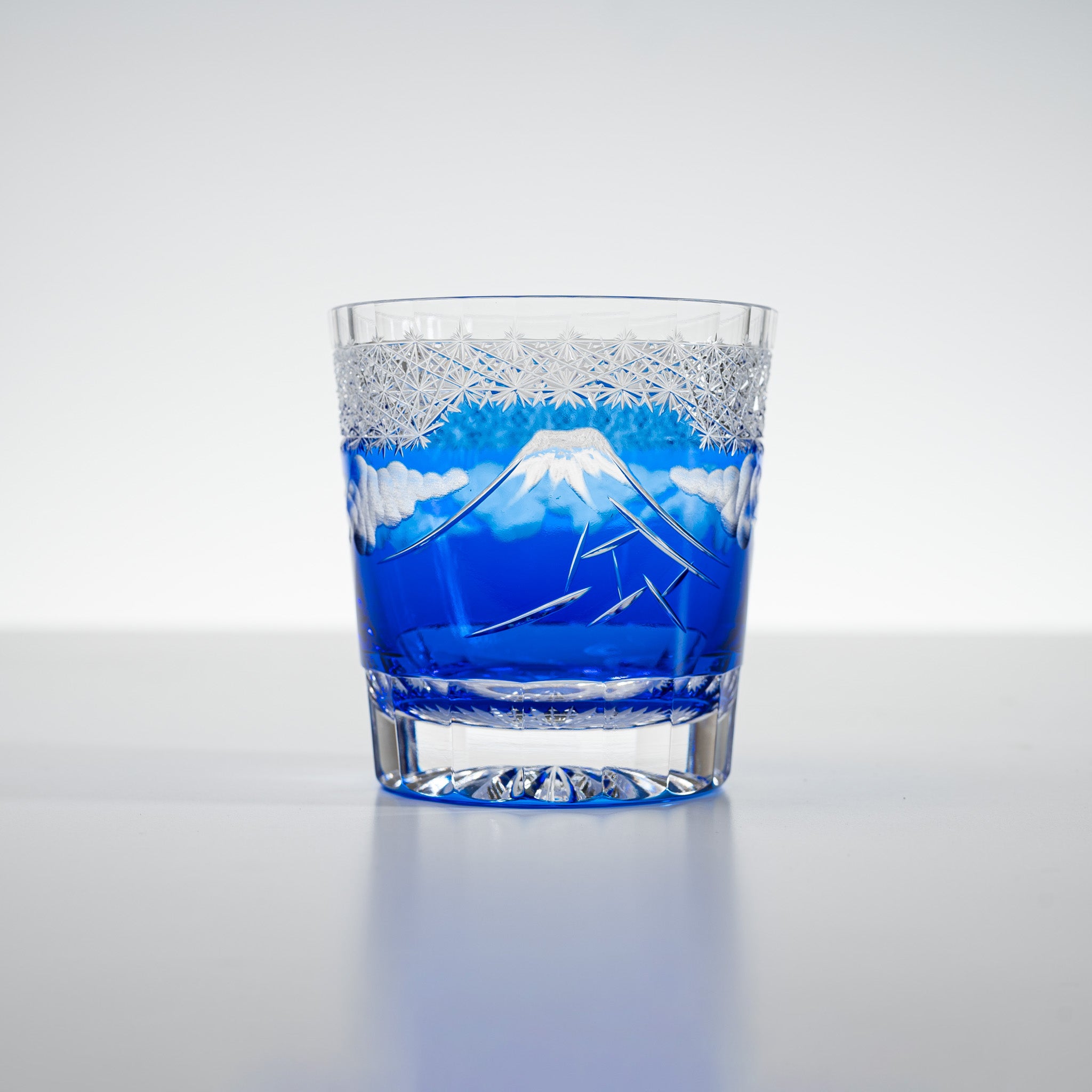 Yamada Crystal Glass Rock Glass with Mt Fuji Design - Blue Whiskey Tumbler for Bourbon, Scotch & Cocktails - Perfect for Home Bar, Gifts & Parties