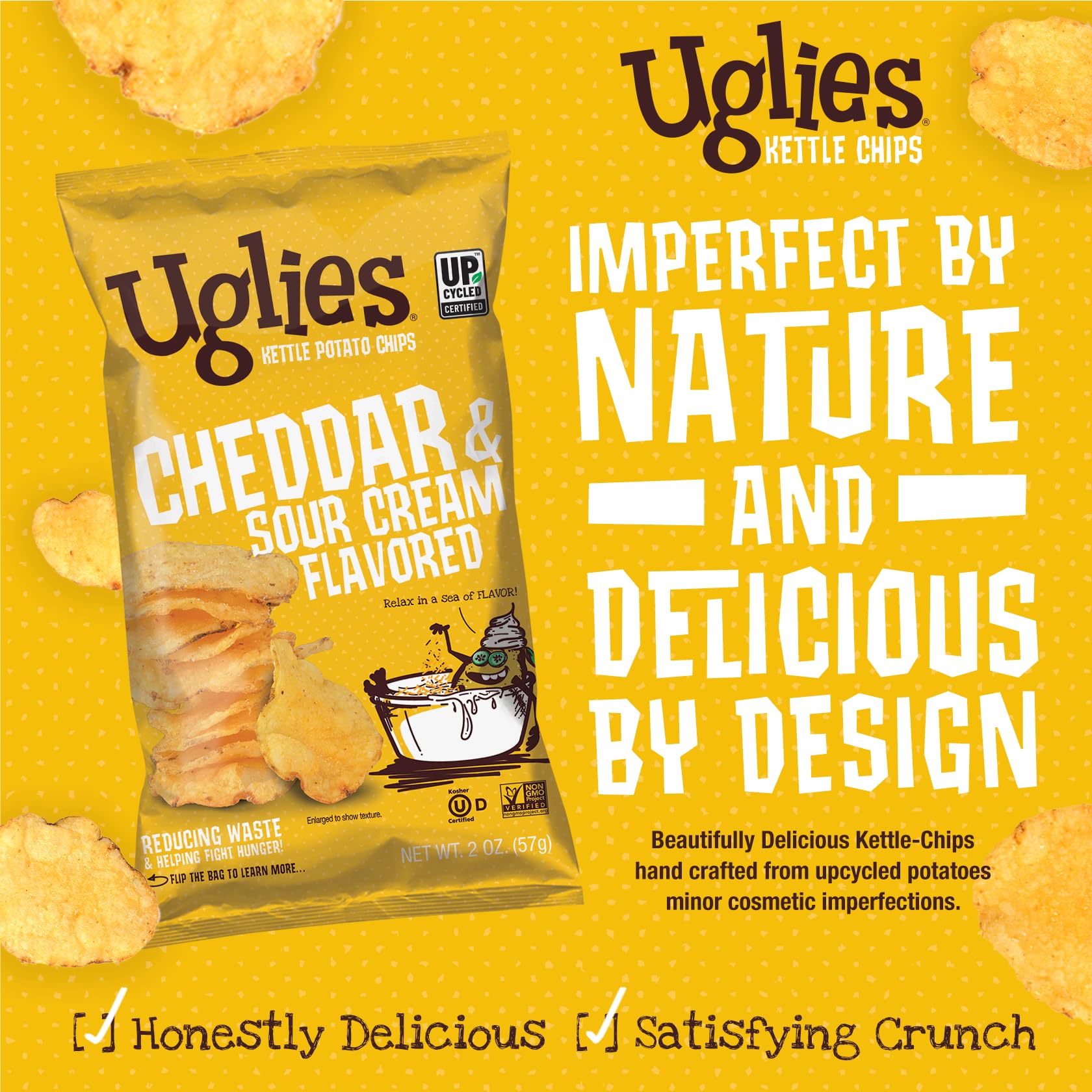 UGLIES Cheddar & Sour Cream Kettle-Cooked Potato Chips - Gluten Free, Kosher, Non-GMO Snack Packs (2oz, 24 Count) - Perfect for School Lunches, Office Snacks & On-the-Go Munching