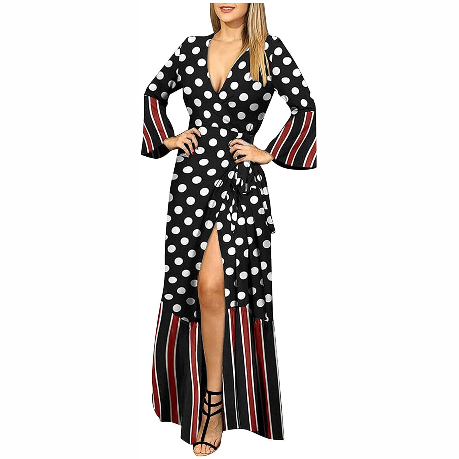 Elegant Boho Wedding Guest Dress for Women - V-Neck Long Sleeve Flare Maxi Dress with High Slit & Tie Waist | Perfect for Fall Weddings, Parties & Special Occasions