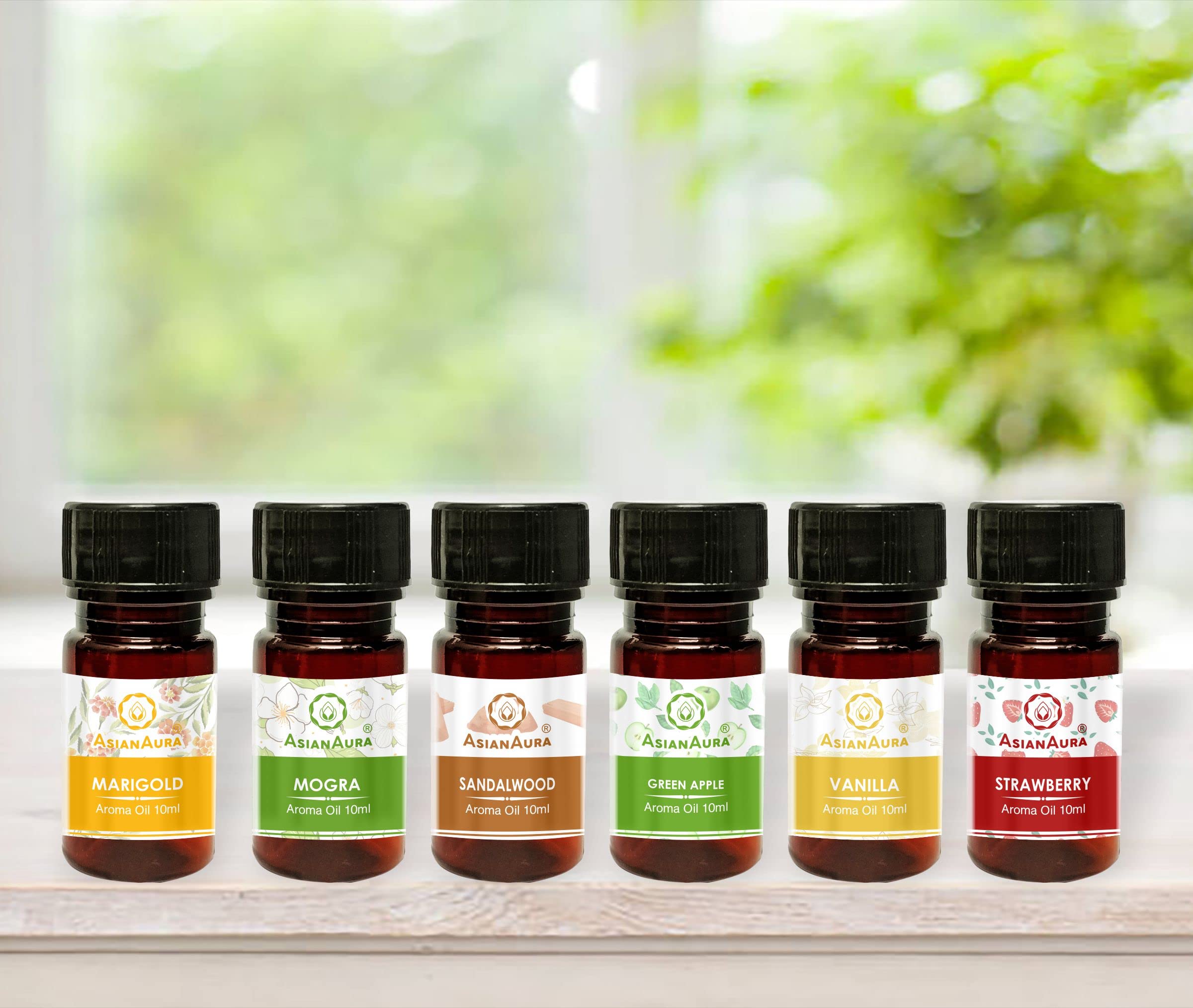 Premium Asian Aroma Essential Oil Set - 6 Pack (10ml Each) for Candle Warmers & Electric Diffusers | Marigold, Mogra, Sandalwood, Green Apple, Vanilla, Strawberry Scents | Home Fragrance Oil for Relaxation, Yoga & Aromatherapy