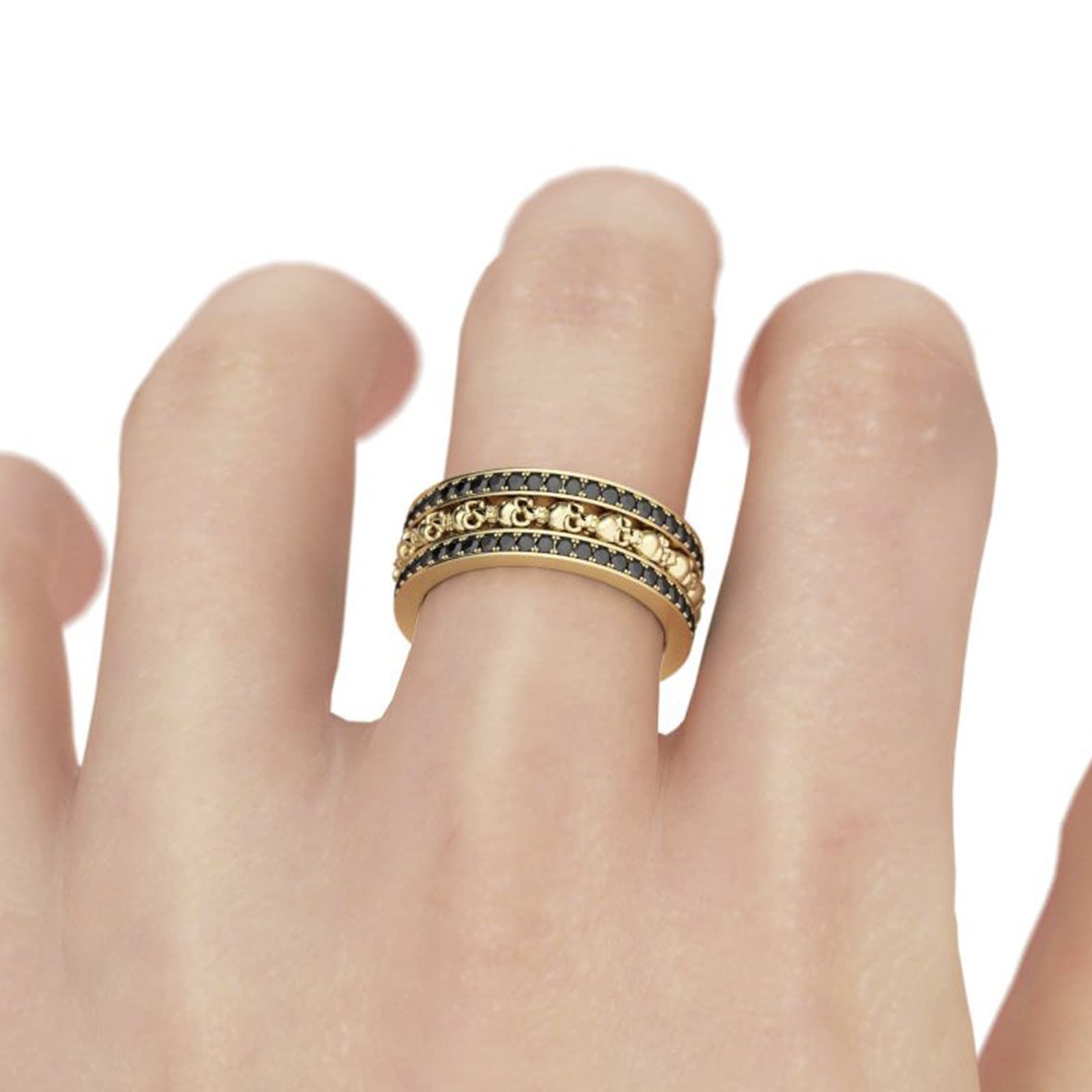Jeulia 3PC Yellow Gold Tone Skull Band Ring Set for Women & Men - Sterling Silver Eternity Wedding Band with Round Cut Cubic Zirconia - Anniversary Promise Ring for Her, Bride - Jewelry Gift Box Included - Perfect for Valentine's Day, Engagement & Couple Gifts