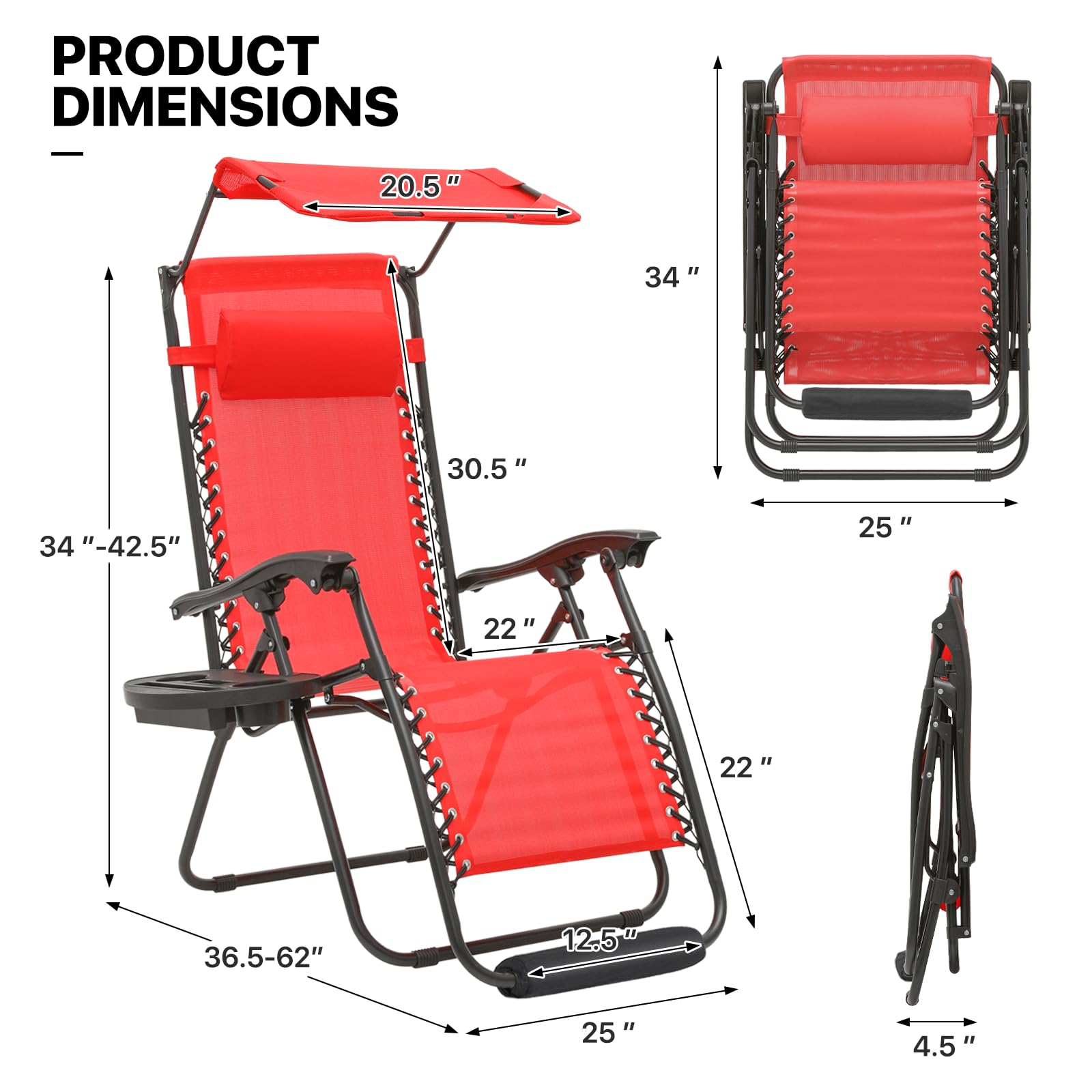 **MoNiBloom Zero Gravity Chairs Set of 2 – Patio Anti-Gravity Recliner with Canopy Shade, Foldable Outdoor Lounger with Cup Holder & Tray – Adjustable Headrest & Footrest – Perfect for Beach, Camping, Backyard & Poolside Relaxation (Red)**