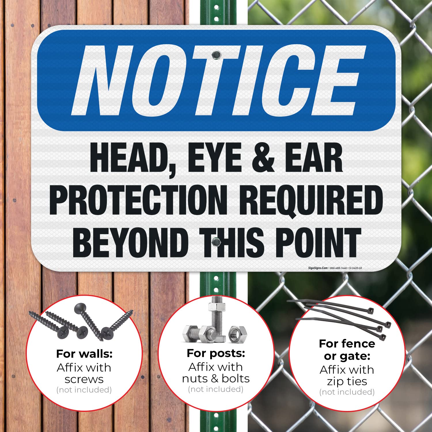 OSHA Compliant Sigo Signs - 12x18 Inches Head, Eye & Ear Protection Required Safety Sign | 3M EGP Reflective .063 Aluminum | Fade Resistant for Indoor & Outdoor Use | Made in USA | Perfect for Construction Sites, Factories & Work Zones