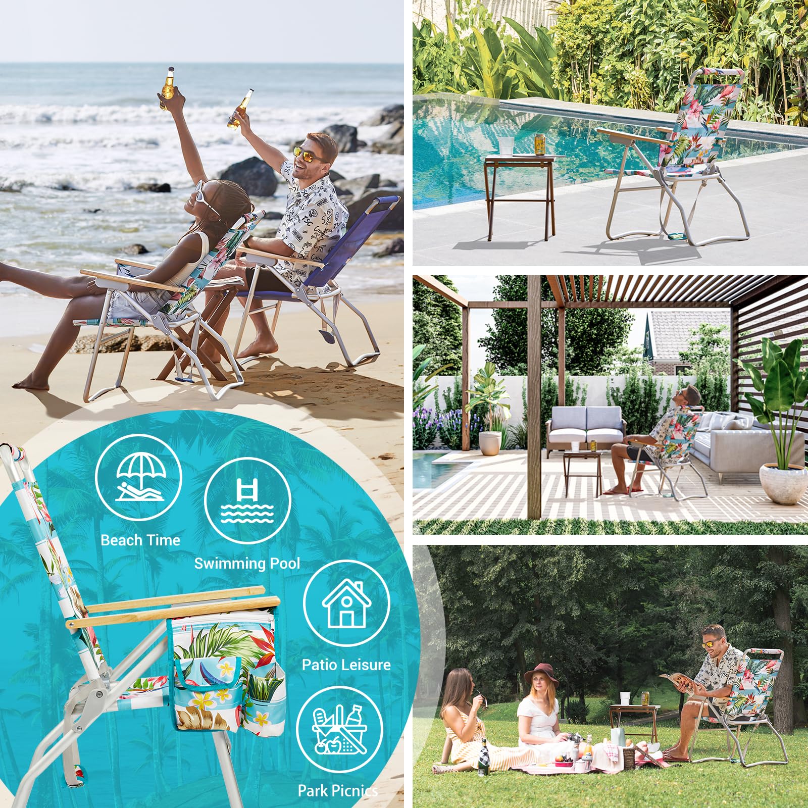 WEJOY High Back Aluminum Beach Chair - 2 Pack Adjustable Folding Camping Chairs with Wooden Armrest, Cup Holder & Storage Bag for Outdoor, Fishing, Sunbathing (Cyan Pink) - Perfect for Beach, Poolside, Backyard & Picnics