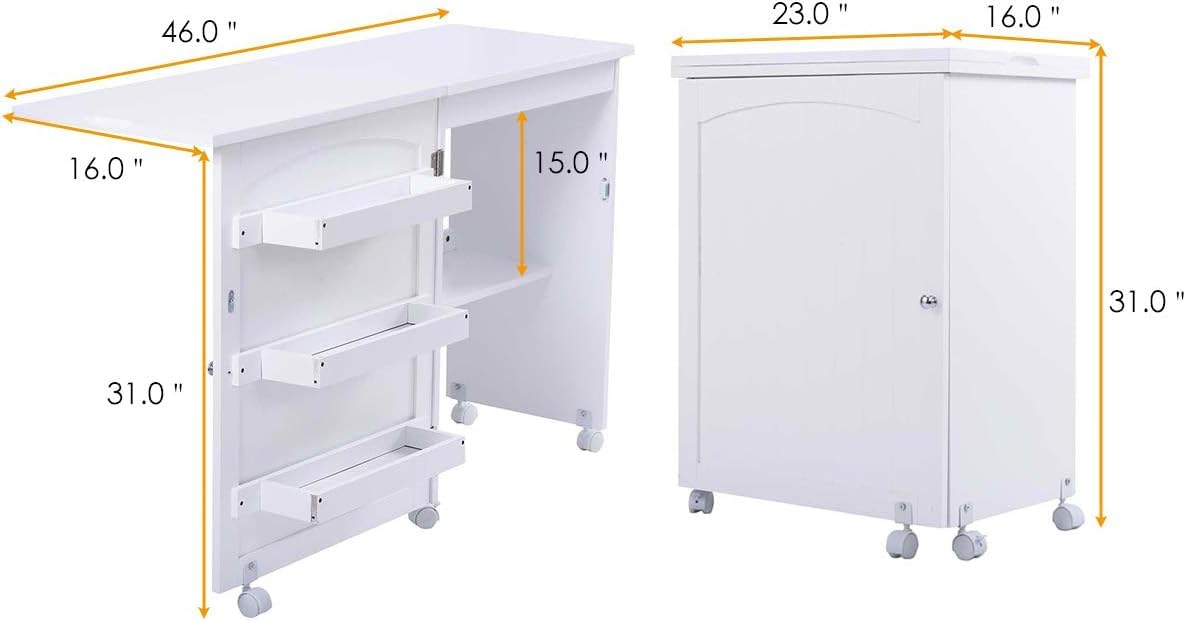 HOMGX Foldable Sewing Table with Storage Cabinet - Multifunctional Craft Table with Lockable Wheels & Shelves - Compact Space-Saving Design for Sewing, Quilting & DIY Projects (White, 16