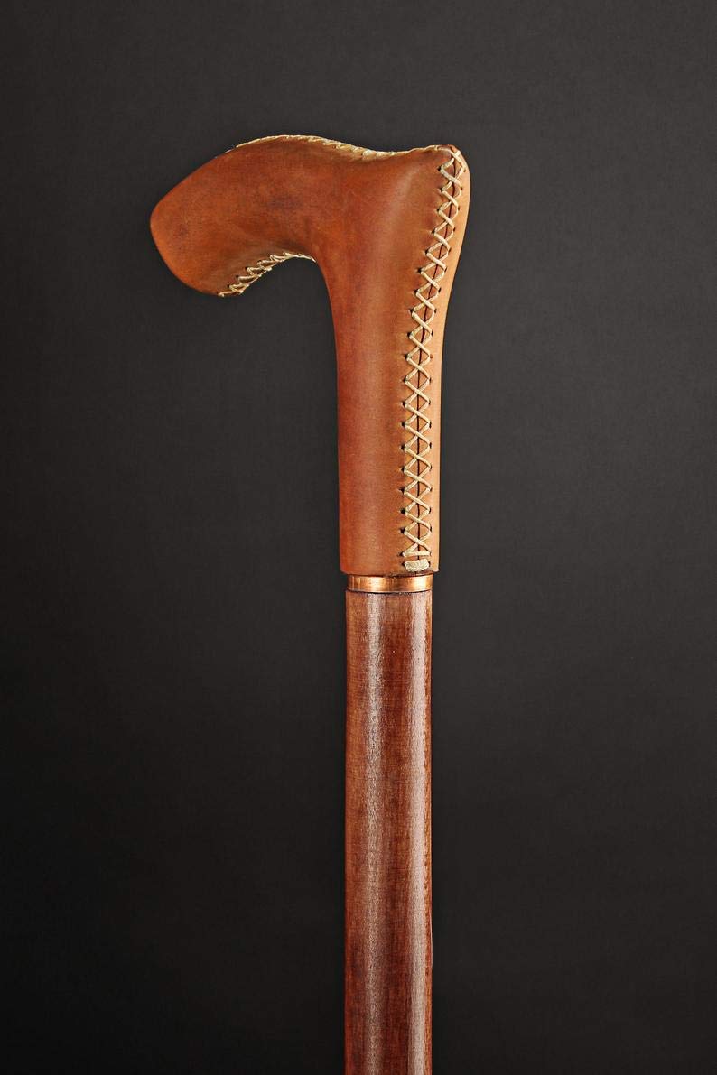 Premium Hand Carved Leather Wrapped Wooden Walking Cane - Derby Style Hiking Stick for Men & Women - Perfect Gift for Seniors, Travel & Outdoor Adventures