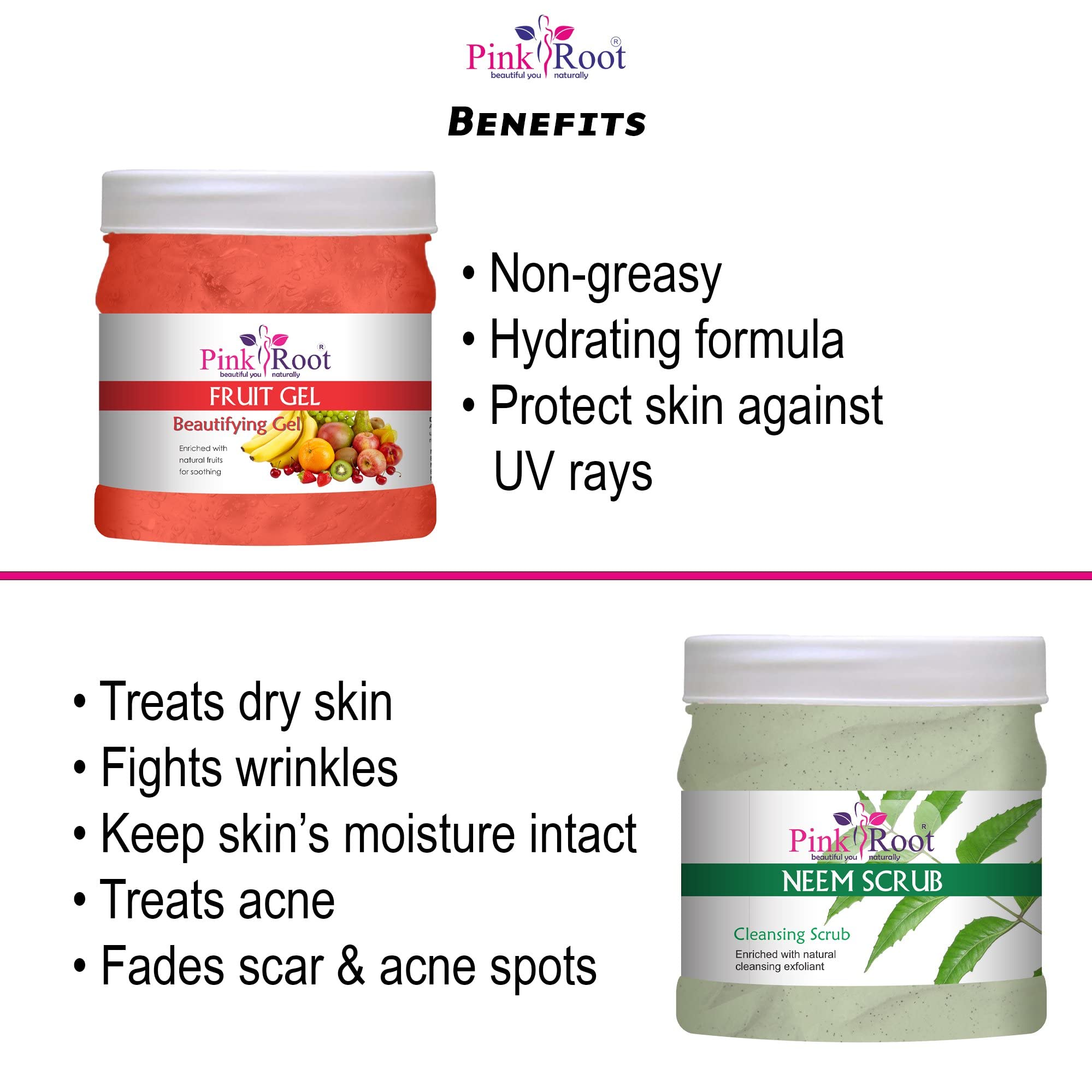 Natural Pink Root Fruit Gel & Neem Scrub Combo (500g Each) - Organic Skin Brightening & Exfoliating Treatment for Glowing Complexion | Perfect for Daily Skincare Routine & Spa Days
