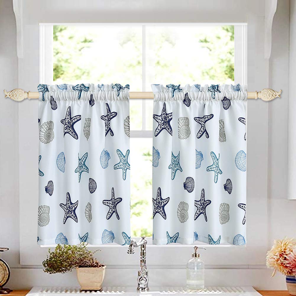 OREMILA Tier Kitchen Curtains - 1 Pair 27x24 Inch Coastal Starfish & Seashell Print Curtain Set with Rod Pocket | Blue Multi-Color Half Window Curtains for Bathroom & Beach House Decor | Perfect for Coastal, Nautical & Cottage Style Homes