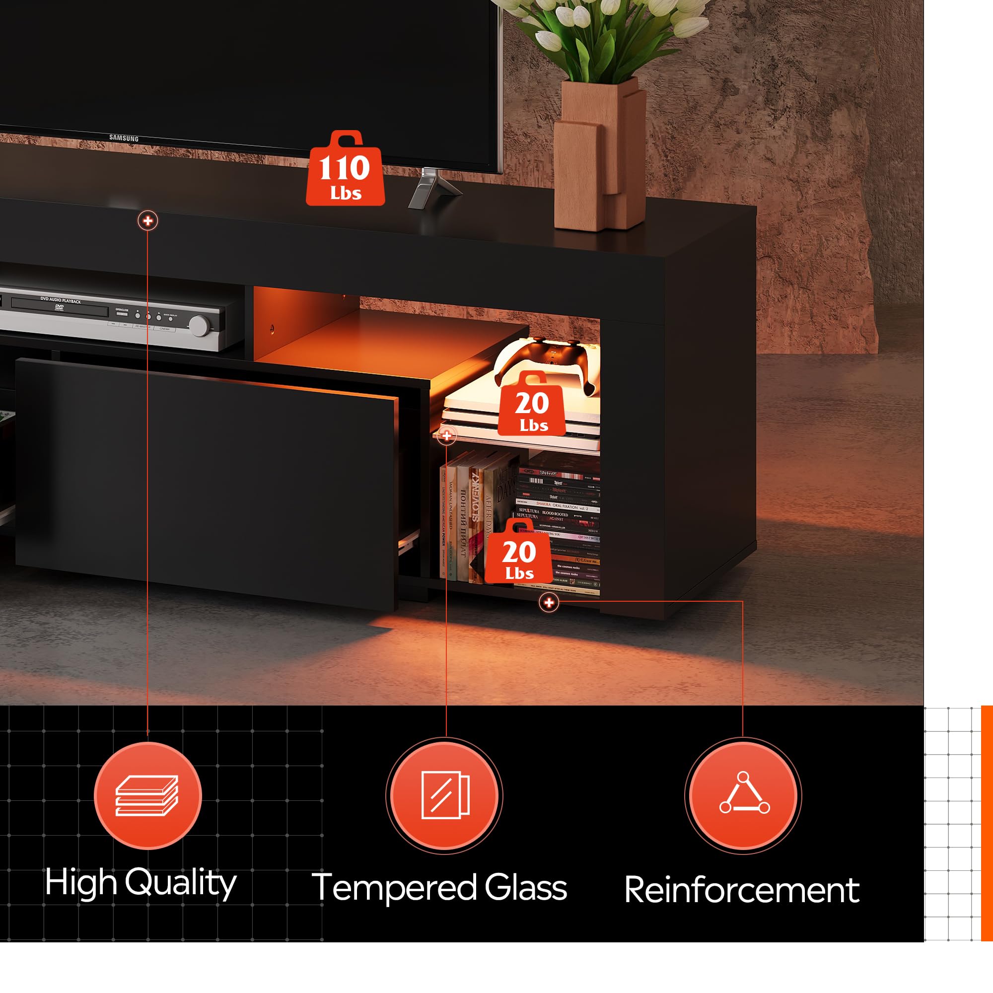 WLIVE 63 Inch TV Stand for 60-70 Inch TVs - Modern LED Entertainment Center with 2 Drawers - Black TV Console for Living Room - Perfect for Home Theater & Family Entertainment