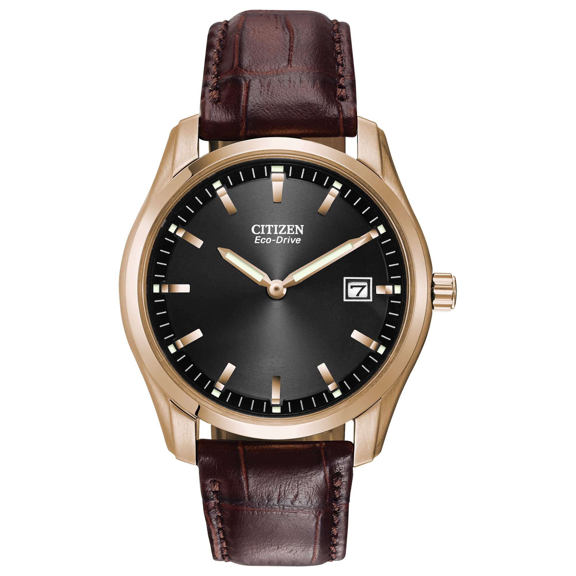 Citizen Men's Eco-Drive Stainless Steel Watch with Leather Strap - Black Dial, Date Display, Luminous Hands & Markers, Rose Gold Accents - Perfect for Business, Casual & Formal Occasions