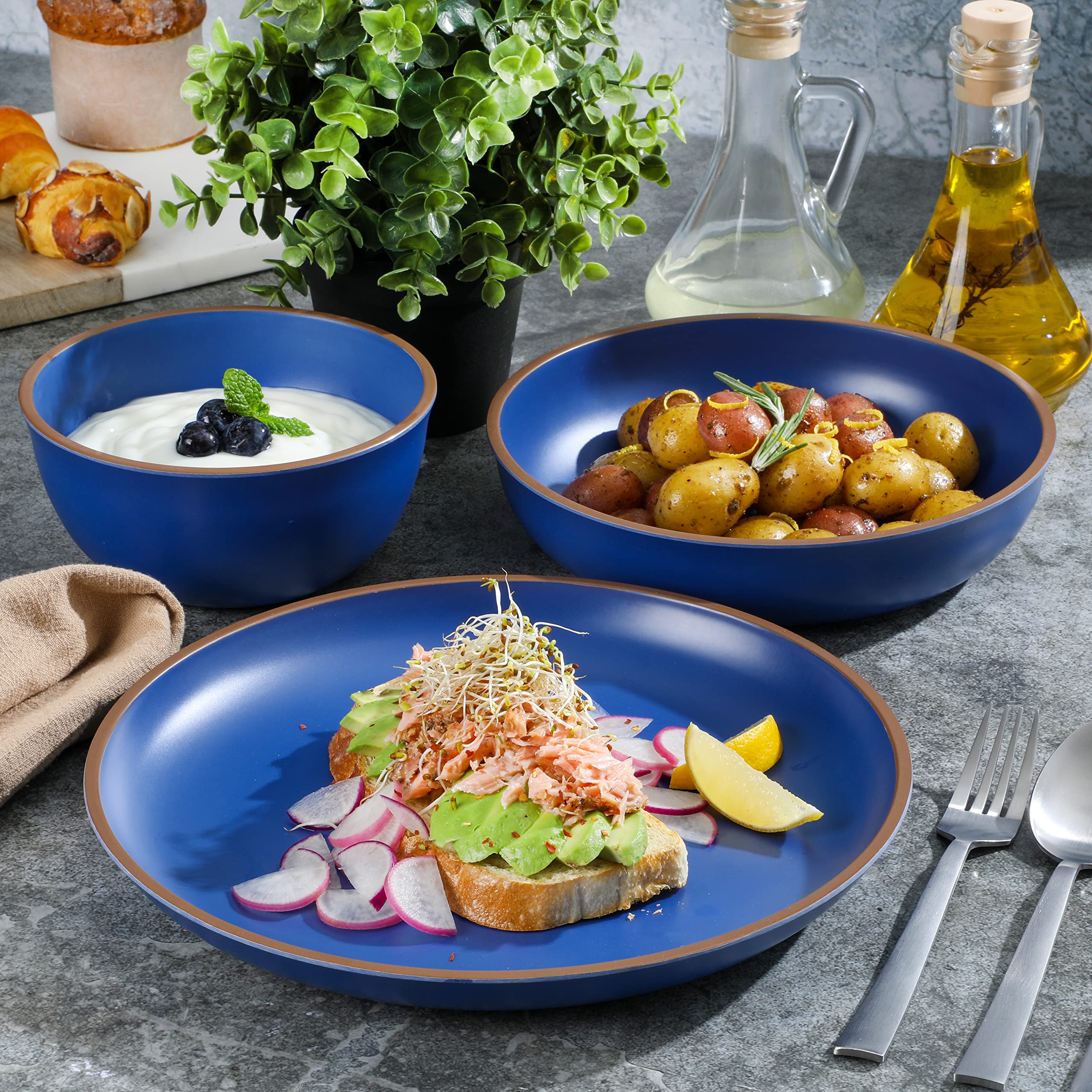 Gibson Home Rockabye 12-Piece Double Bowl Melamine Dinnerware Set - Durable Plastic Plates & Bowls - Matte Blue - Perfect for Outdoor Dining, Picnics & Camping