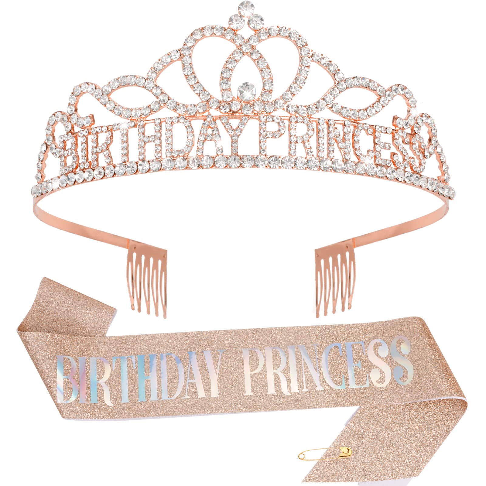Royal Princess Crown & Sash Set - Sparkling Birthday Tiara for Women & Girls - Perfect Princess Party Decorations & Birthday Gifts - Ideal for Birthday Parties, Pageants, Dress-Up & Photo Shoots