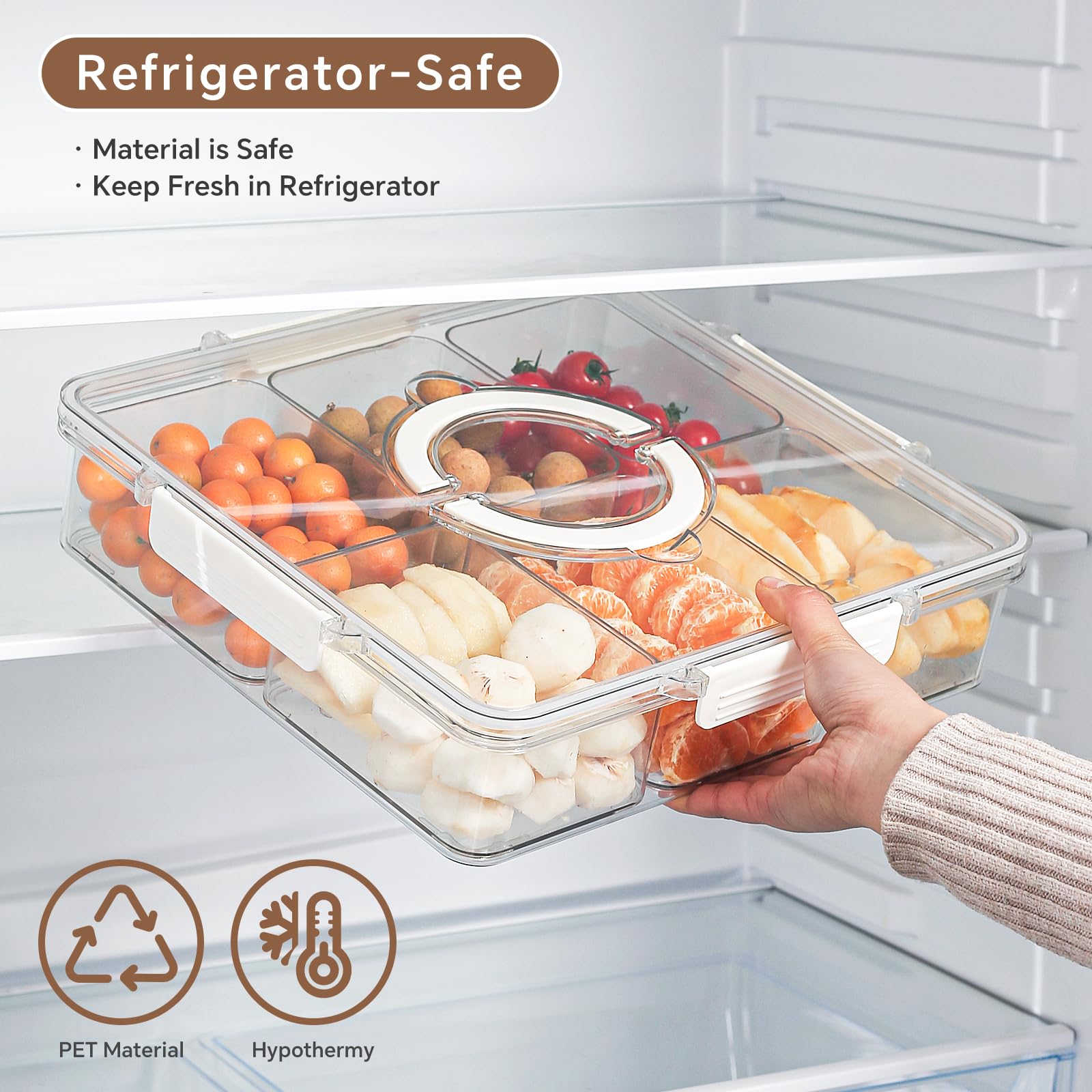2-Piece Divided Snack Trays with Lids & Handles - Portable Food Storage Containers for Candies, Fruits, Nuts - Perfect for Parties, Picnics, School Lunches & Office Snacks