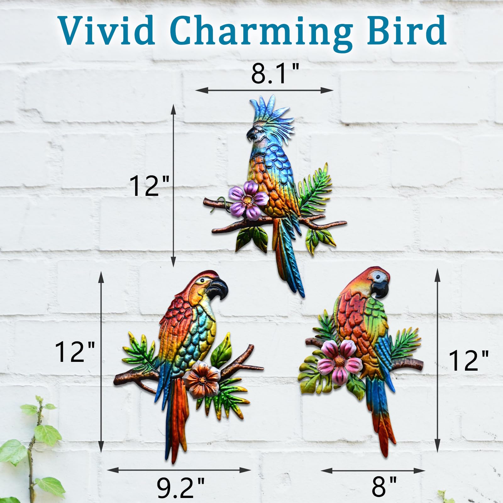 Voumsil 3-Piece Tropical Parrot Metal Wall Art Decor - Handcrafted Bird Sculpture for Indoor & Outdoor Use - Perfect for Patio, Balcony, Garden, Fence, Living Room & Bedroom Wall Decoration