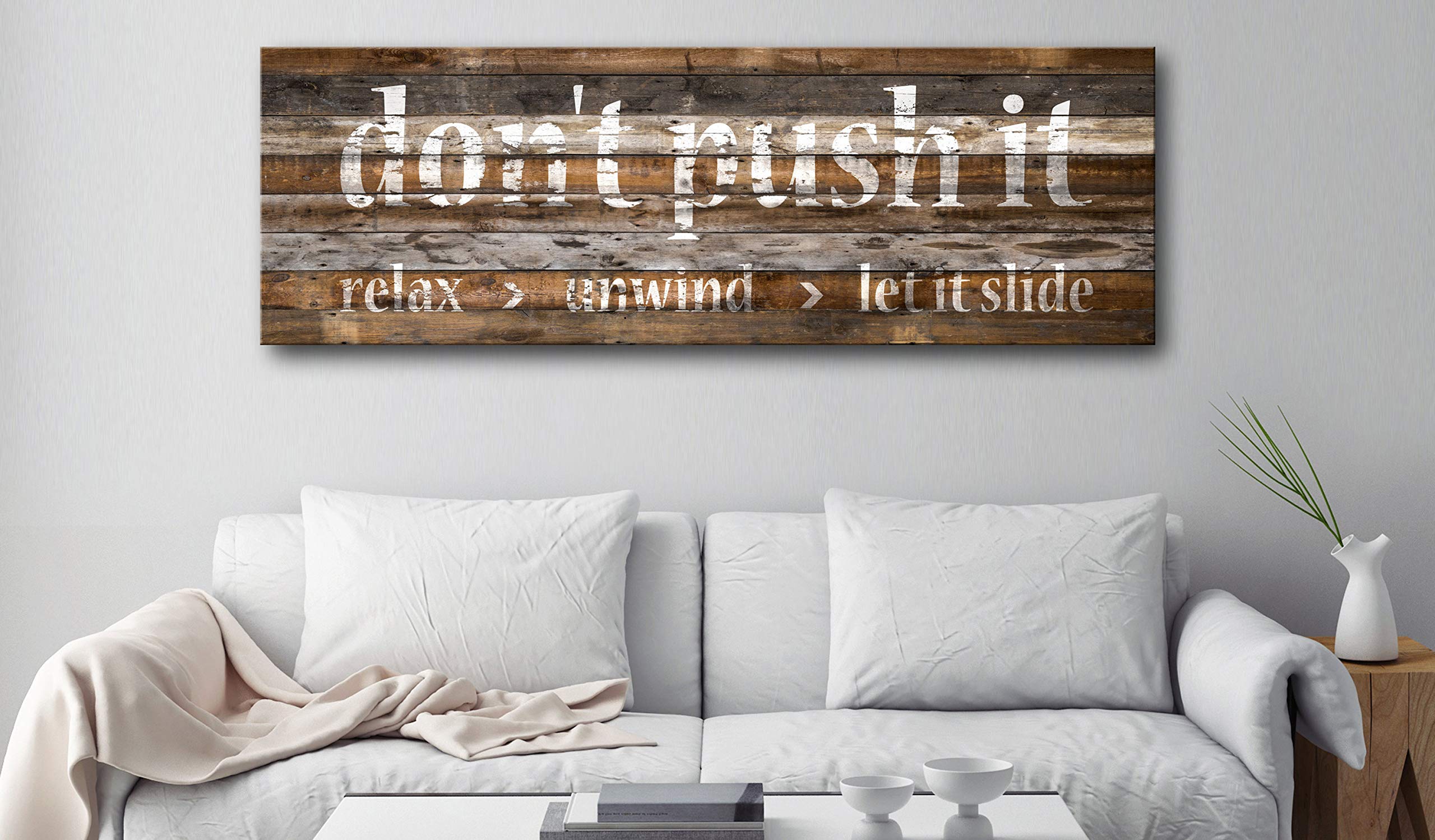 Artgeist Acoustic Canvas Wall Art Print - 'Don't Push It' Motivational Quote Soundproof Panel 53x18 inches - Decorative Sound Absorbing Artwork for Home Studio, Office & Bedroom Acoustics - Faux Wood Frame Modern Wall Decor (Style m-A-0952-b-a)
