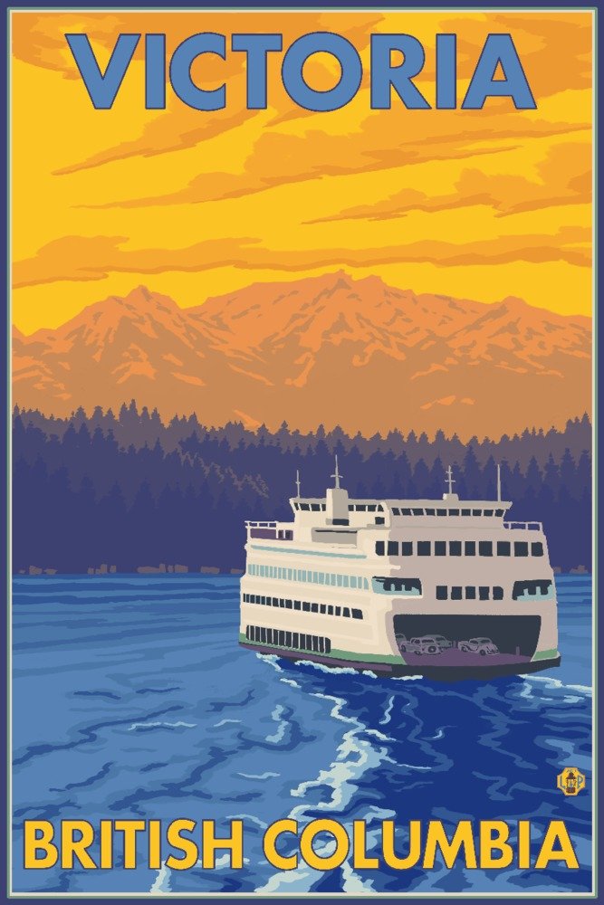 Victoria BC Canada Ferry & Mountains 24x36 Signed Art Print - Coastal Wall Decor for Living Room, Office & Bedroom