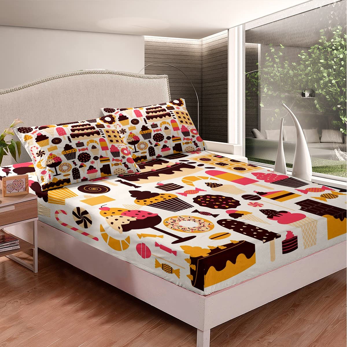 Manfei Cute Dessert Themed Bedding Set - Butter Biscuits Print Microfiber 3-Piece Sheet Set (1 Fitted Sheet + 2 Pillowcases) Full Size for Kids & Girls - Perfect for Birthday Gifts, Nursery Decor, and Sweet Dreams
