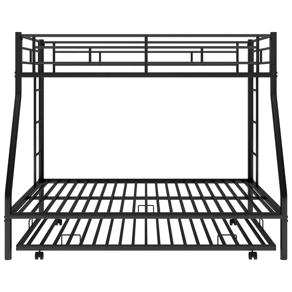 LLS Metal Bunk Bed with Trundle - Twin Over Full Bunk Bed Frame with Full-Length Guardrail & 2 Ladders - Heavy Duty Space Saving Bunk Beds for Kids & Adults - Convertible to 2 Separate Beds - No Box Spring Needed - Black - Perfect for Small Bedrooms, Guest Rooms & Vacation Homes