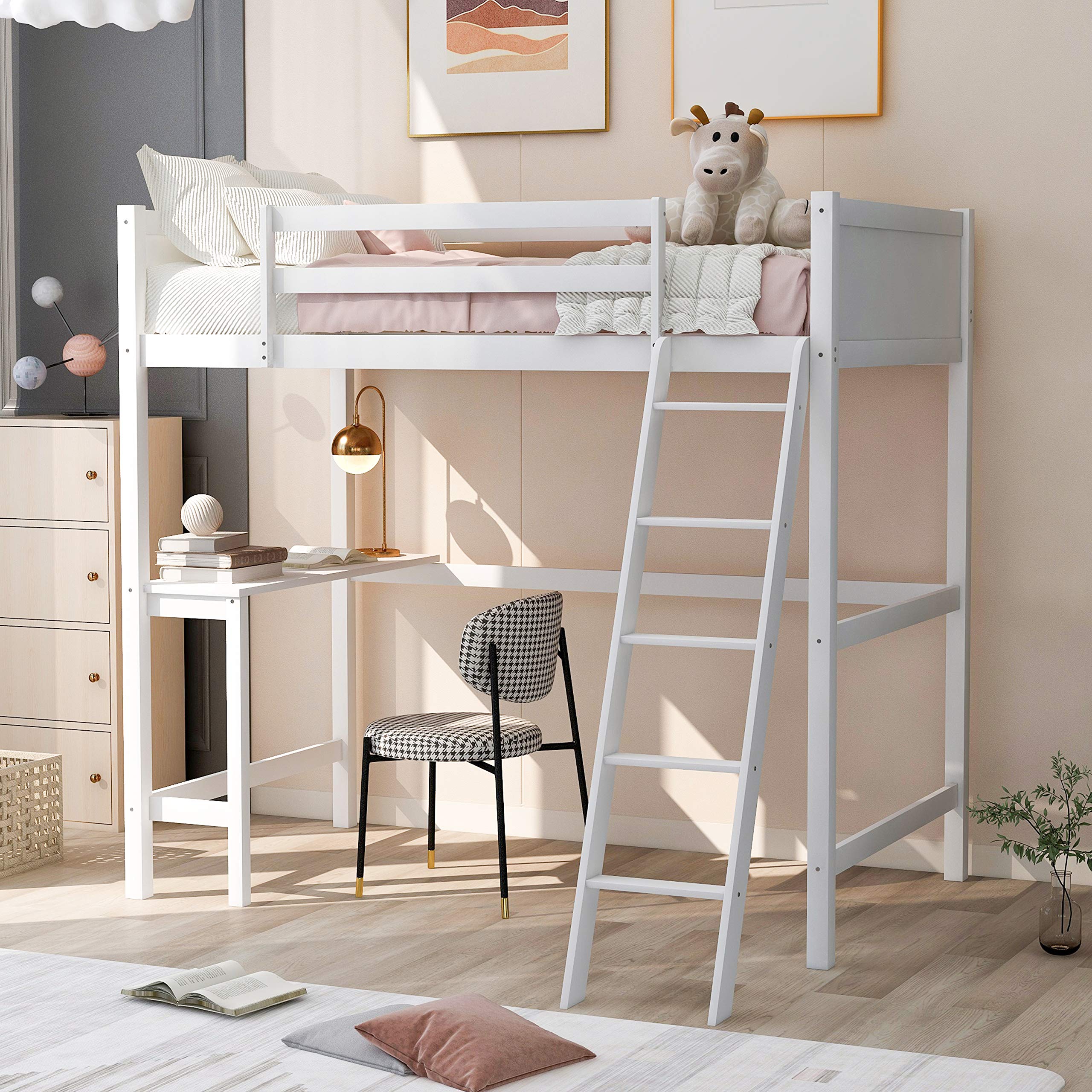 Merax Twin Size Loft Bed with Study Desk - Sturdy Wooden Bunk Bed Frame with Safety Ladder & Guardrail - Space-Saving Kids/Teens Loft Bed in White - Perfect for Small Bedrooms, Dorm Rooms & Studio Apartments
