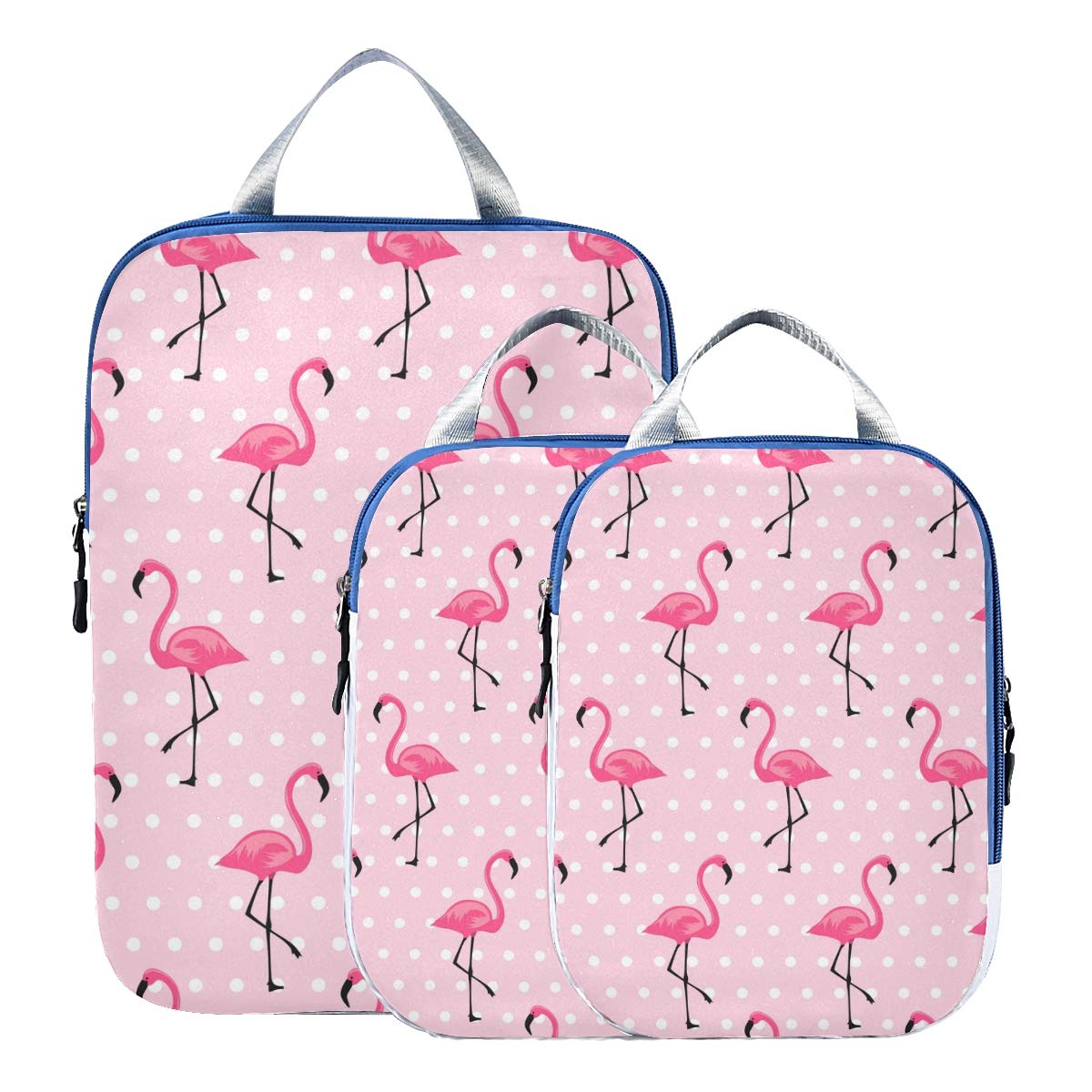 Blueangle White Dots Flamingo Compression Packing Cubes - 3Pcs Expandable Travel Organizer Set | Lightweight Luggage Storage Bags for Suitcase | Perfect for Vacation, Business Trips & Weekend Getaways