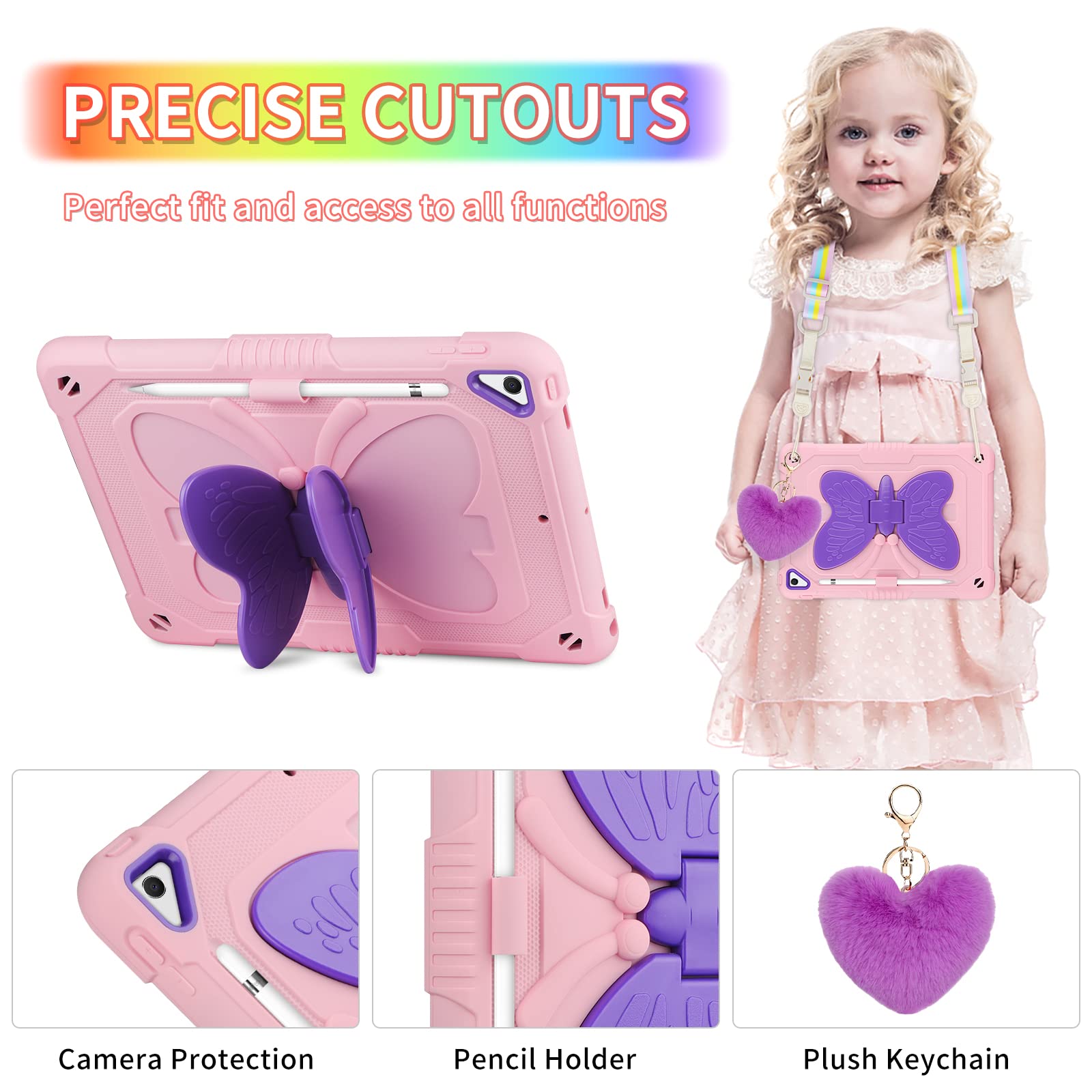 Premium Shockproof iPad 9.7 Case for 6th/5th Gen & Air 2 - Butterfly Kickstand, Screen Protector, Pencil Holder & Lanyard - Cute Pink & Purple Protective Cover for Girls & Kids - Perfect for School, Travel & Daily Use